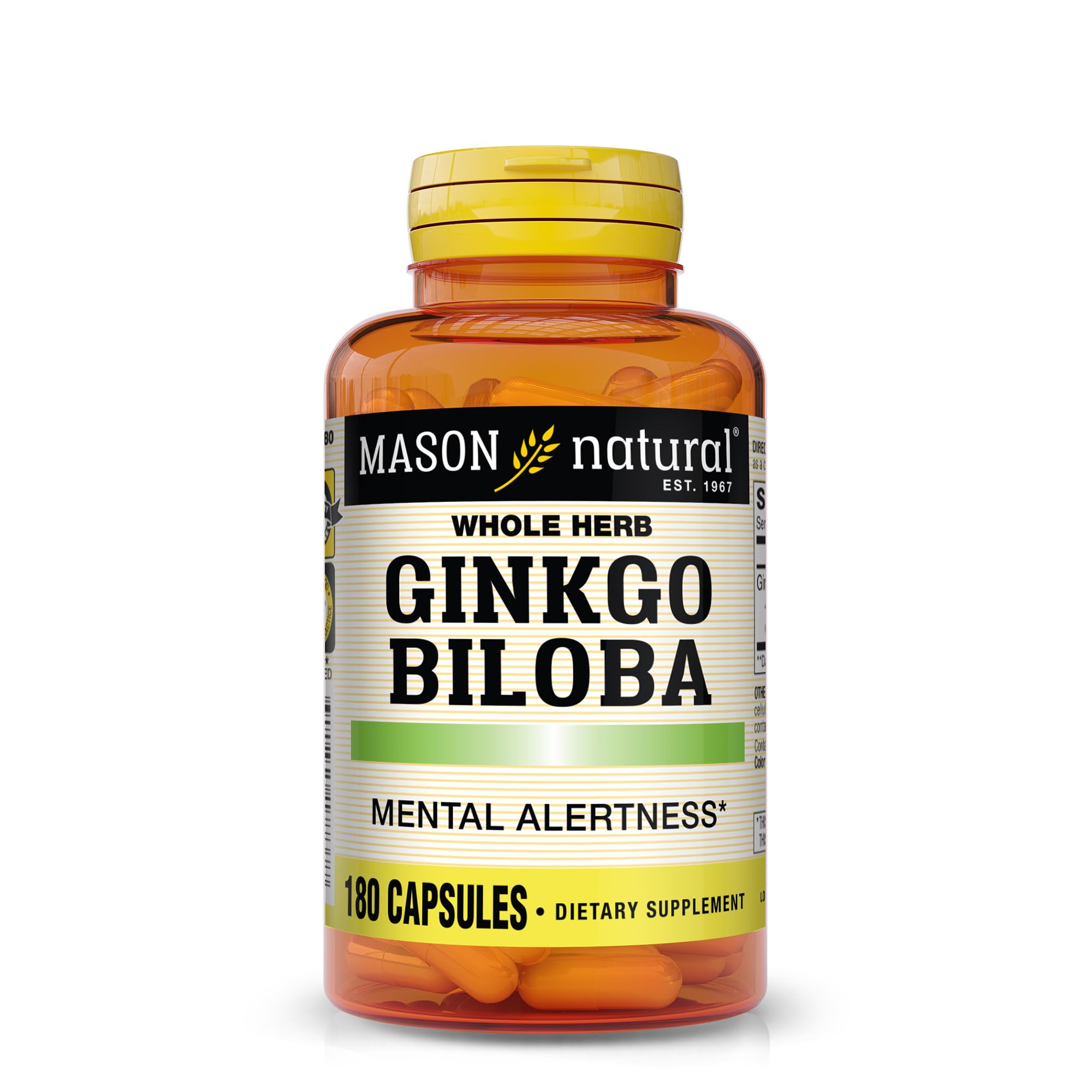 Mason Natural Ginkgo Biloba, cápsulas frente al envase, posible mejora de la concentración.