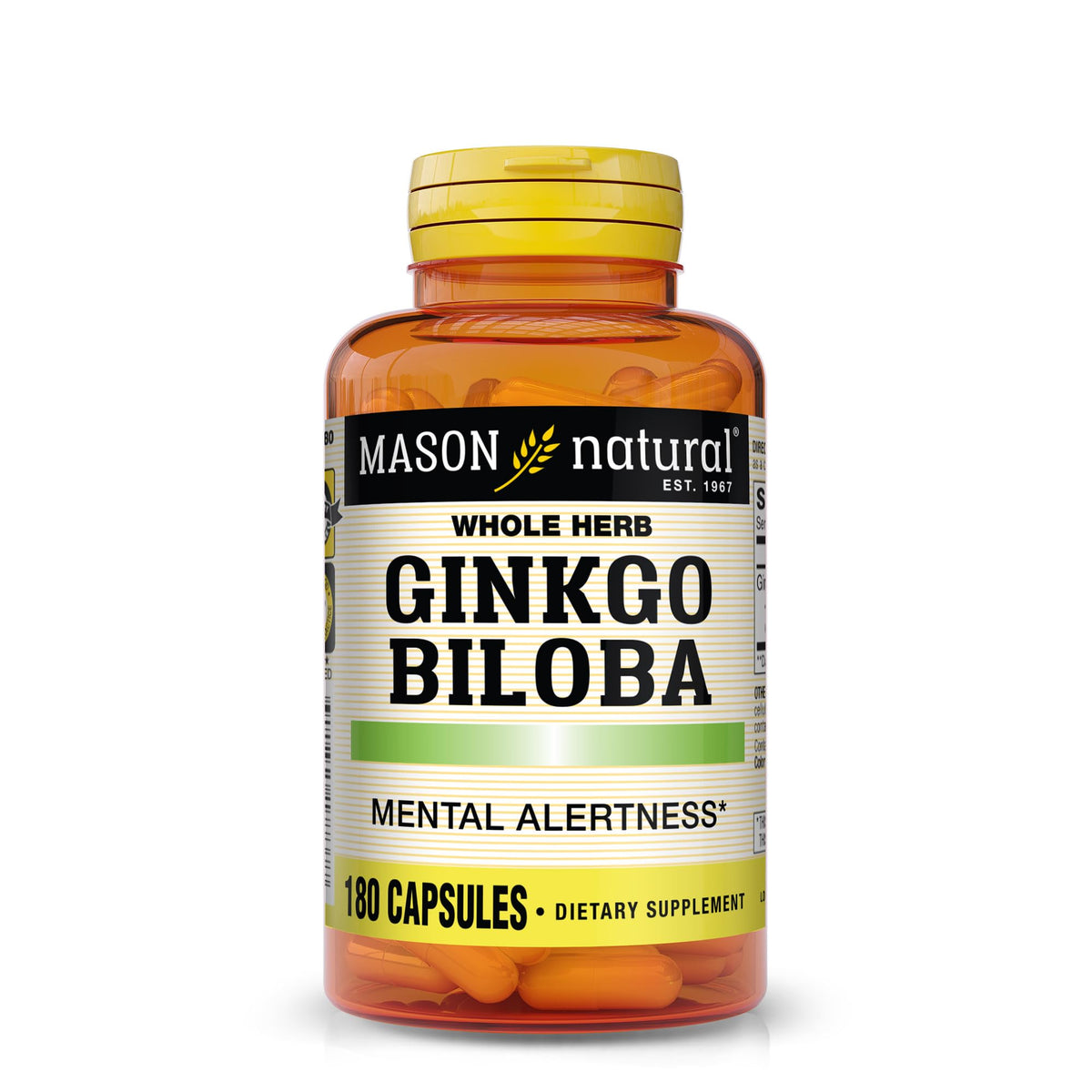 Mason Natural Ginkgo Biloba, cápsulas frente al envase, posible mejora de la concentración.