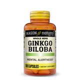 Mason Natural Ginkgo Biloba, cápsulas frente al envase, posible mejora de la concentración.