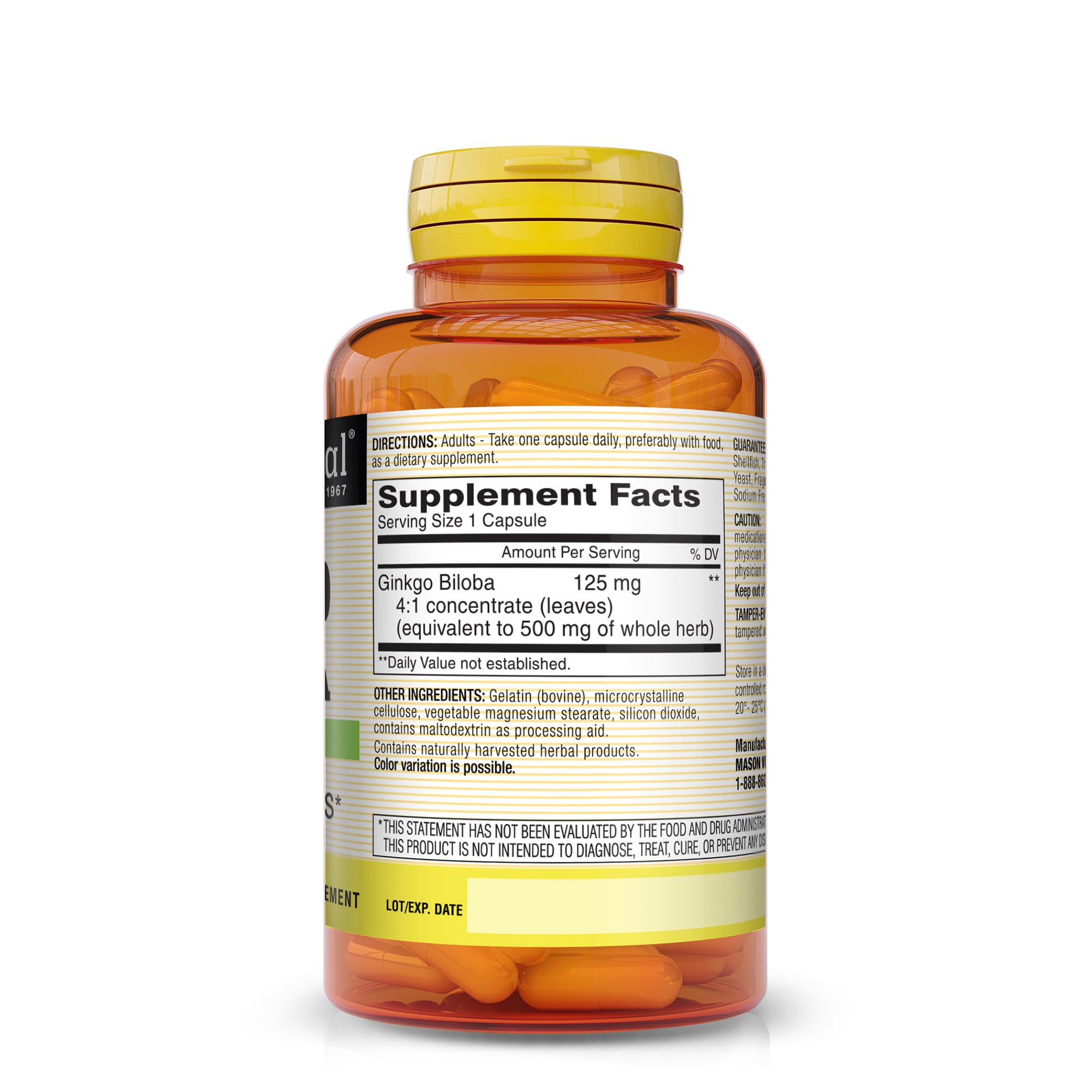 Mason Natural Ginkgo Biloba, envase cerrado, apoyo a la memoria y claridad mental.