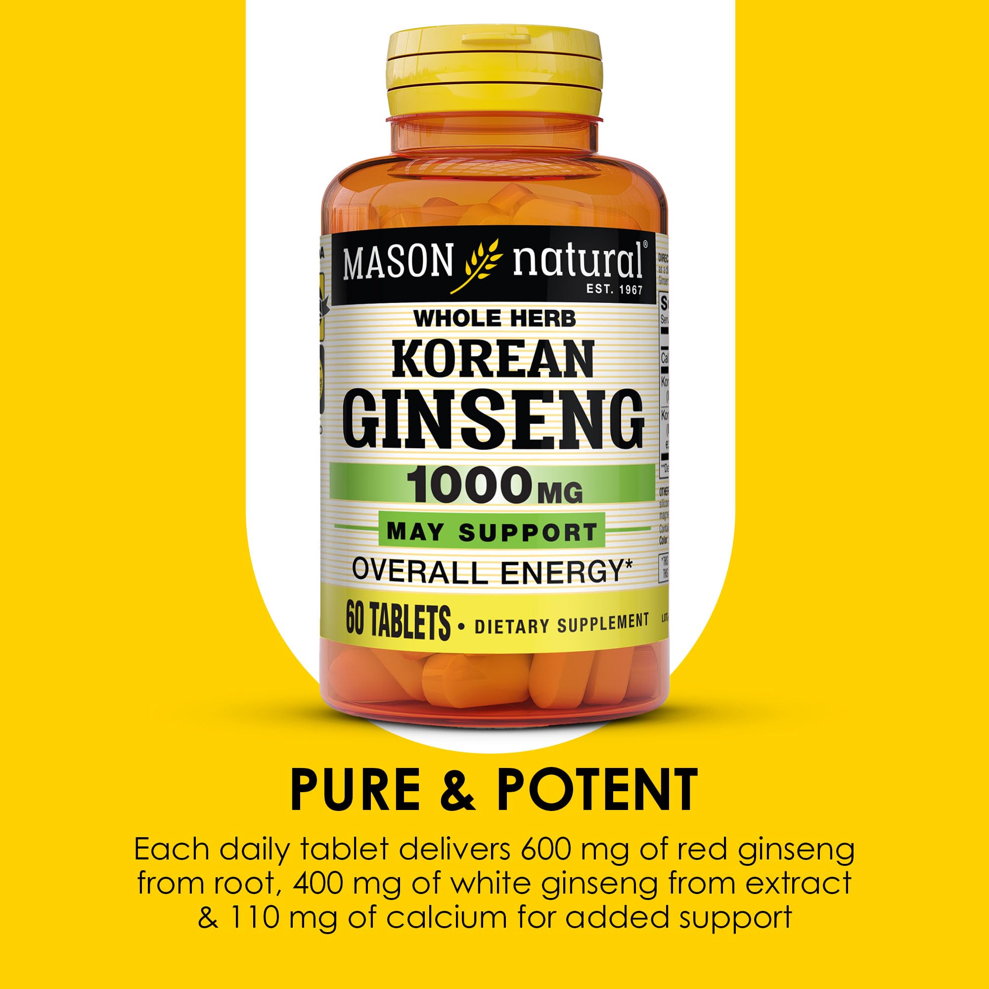 Primer plano de tabletas Mason Natural Ginseng Coreano para uso diario