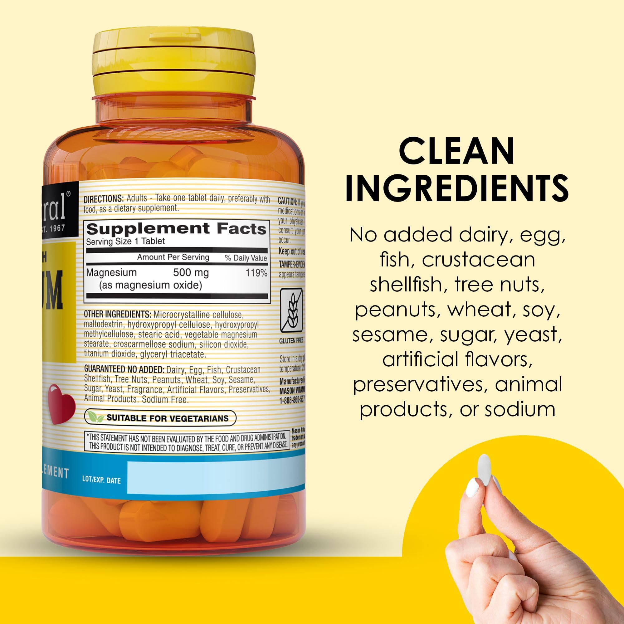 Mason Natural magnesio 500 mg botella en escena, compacto para la rutina diaria.