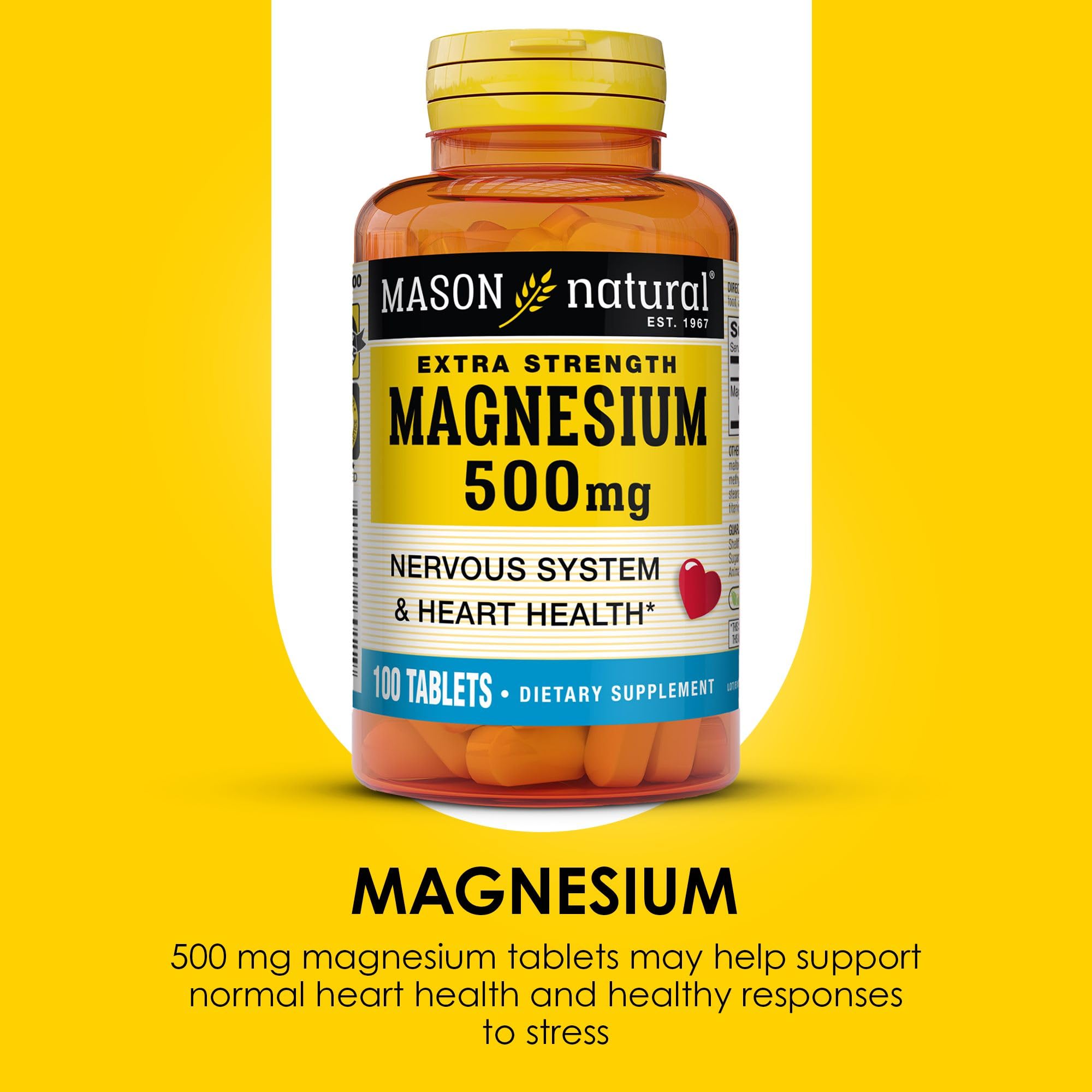 Mason Natural magnesio 500 mg tableta en mano, uso diario recomendado.