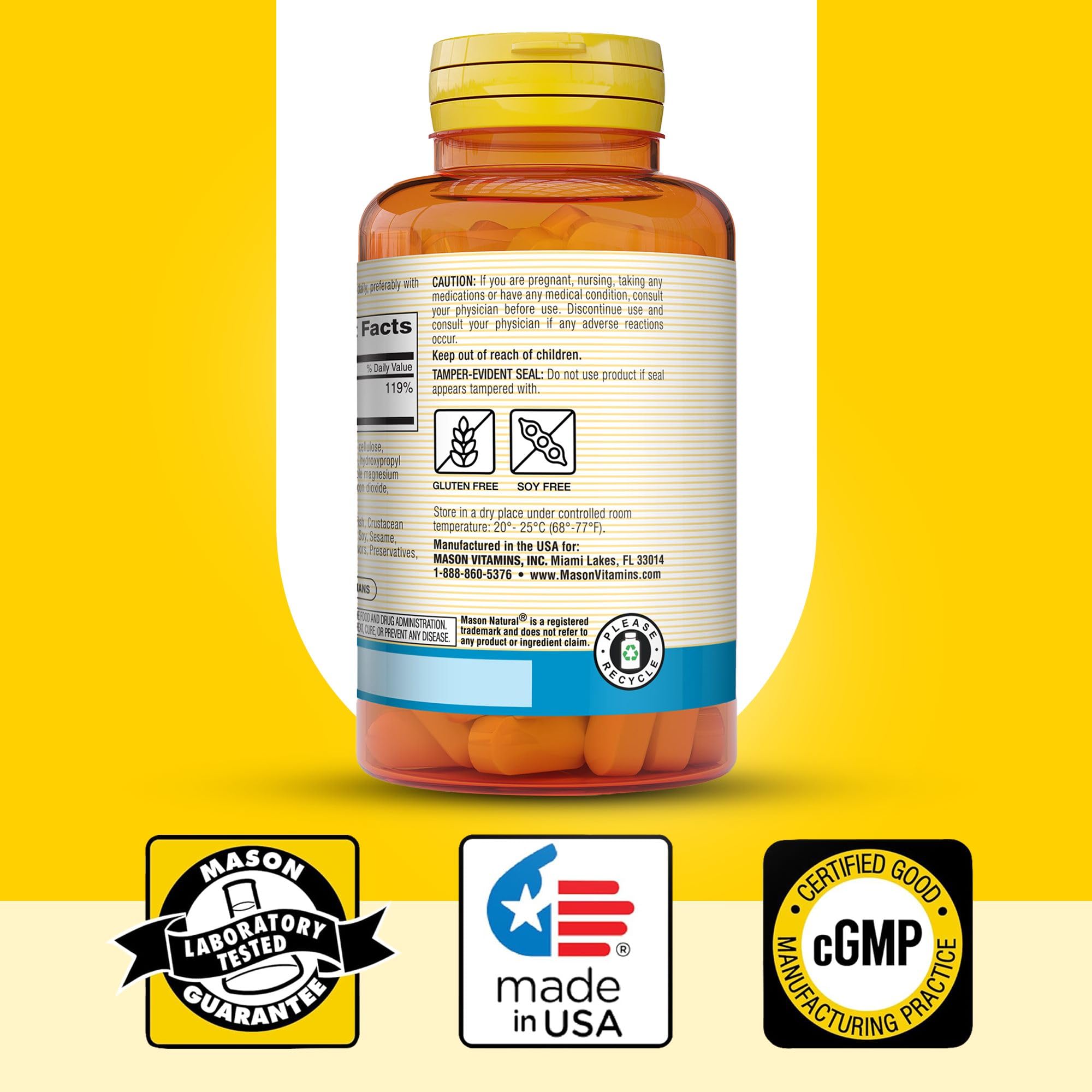 Mason Natural magnesio 500 mg uso diario, potencial apoyo al sistema nervioso.