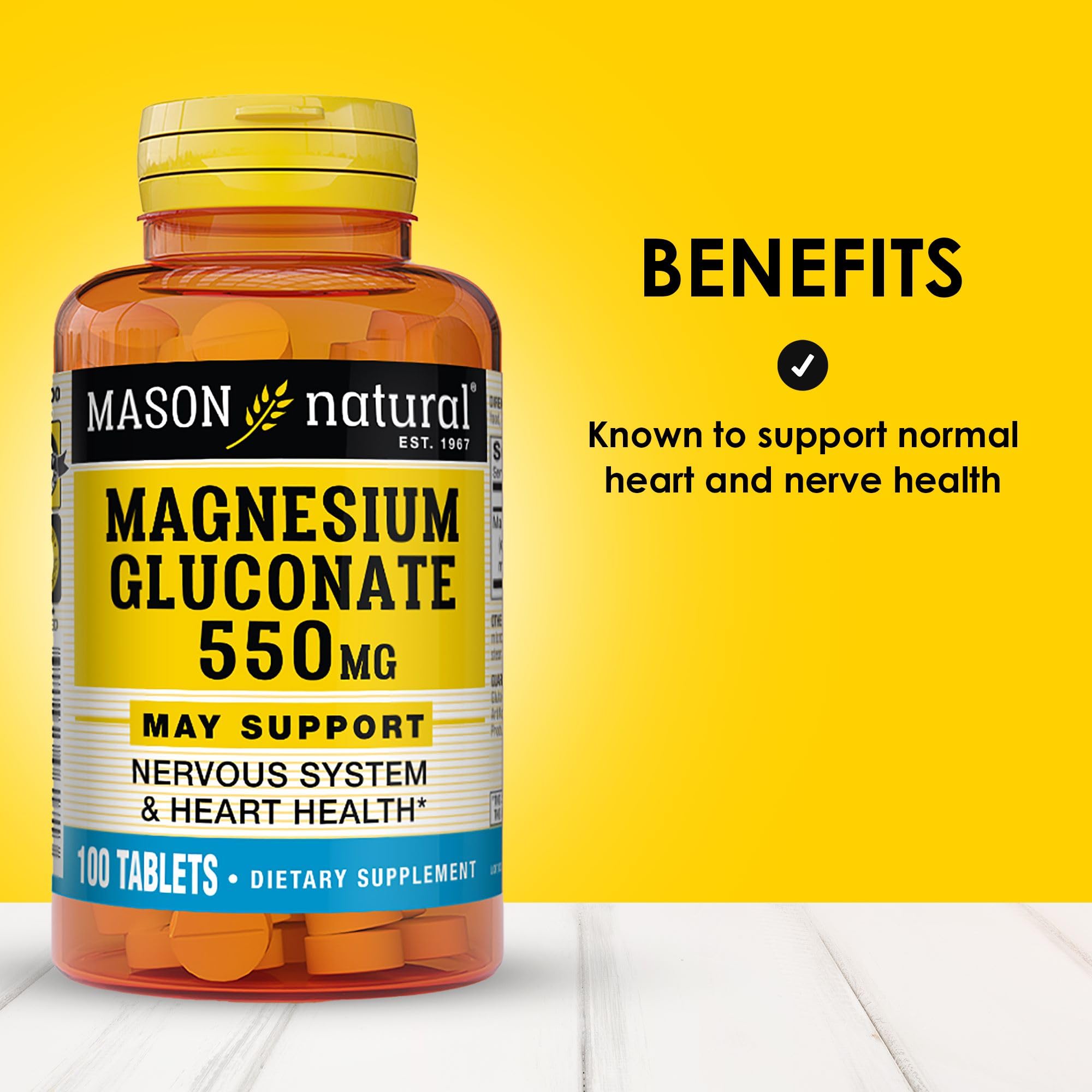 Etiqueta Mason Natural Magnesium Gluconato 550 mg, dosis diaria fácil de seguir