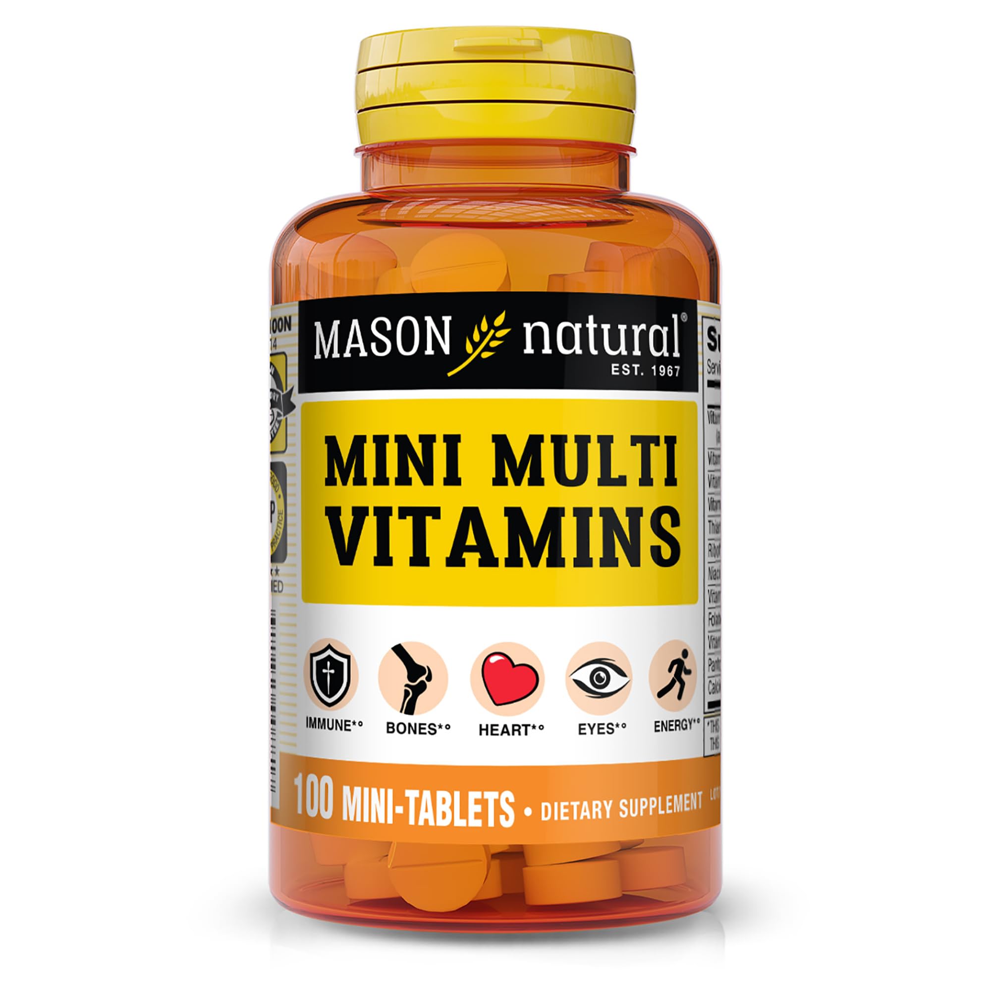 Mason Natural Mini Multi Vitaminas, botella frontal, apoyo nutricional diario para bienestar general.