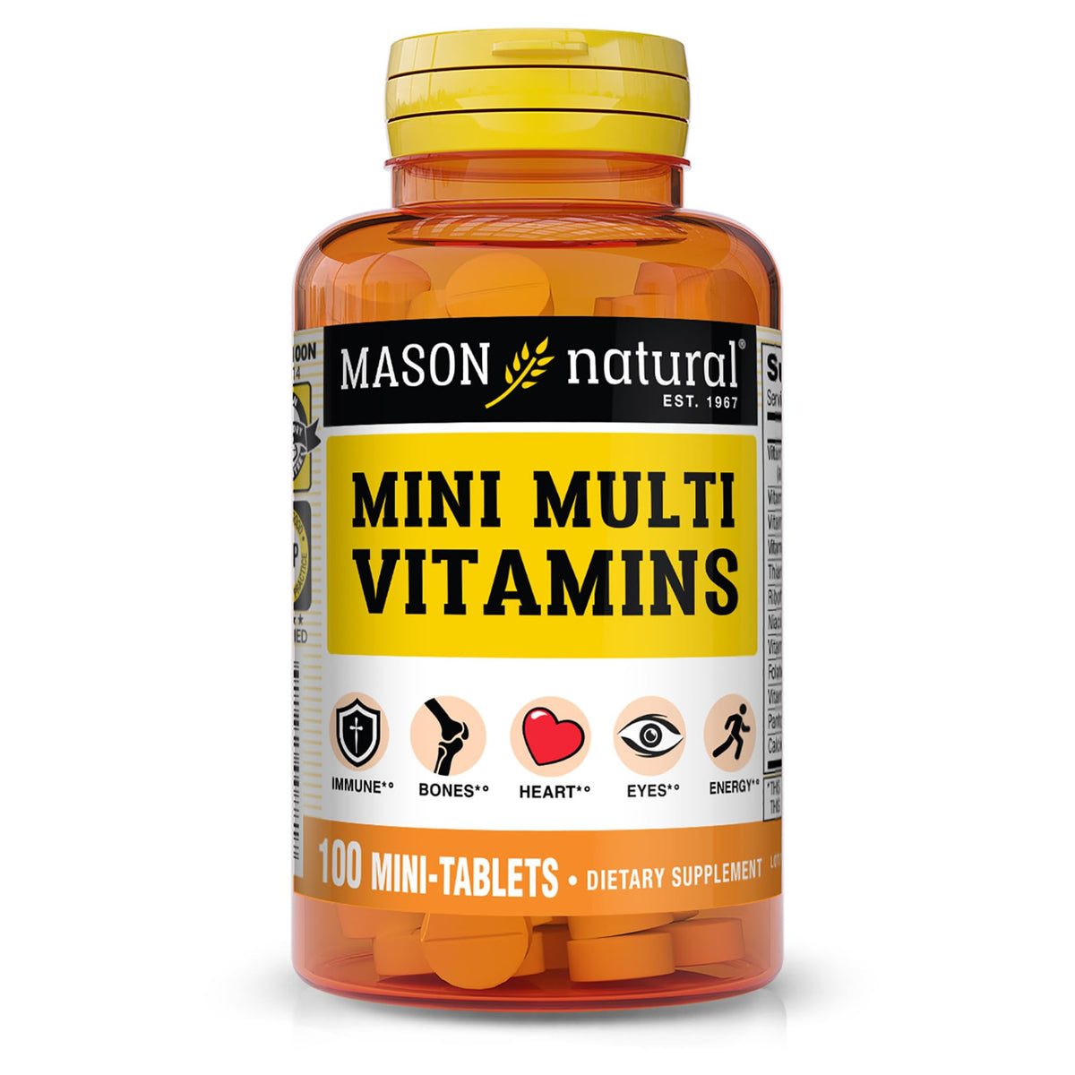 Mason Natural Mini Multi Vitaminas, botella frontal, apoyo nutricional diario para bienestar general.