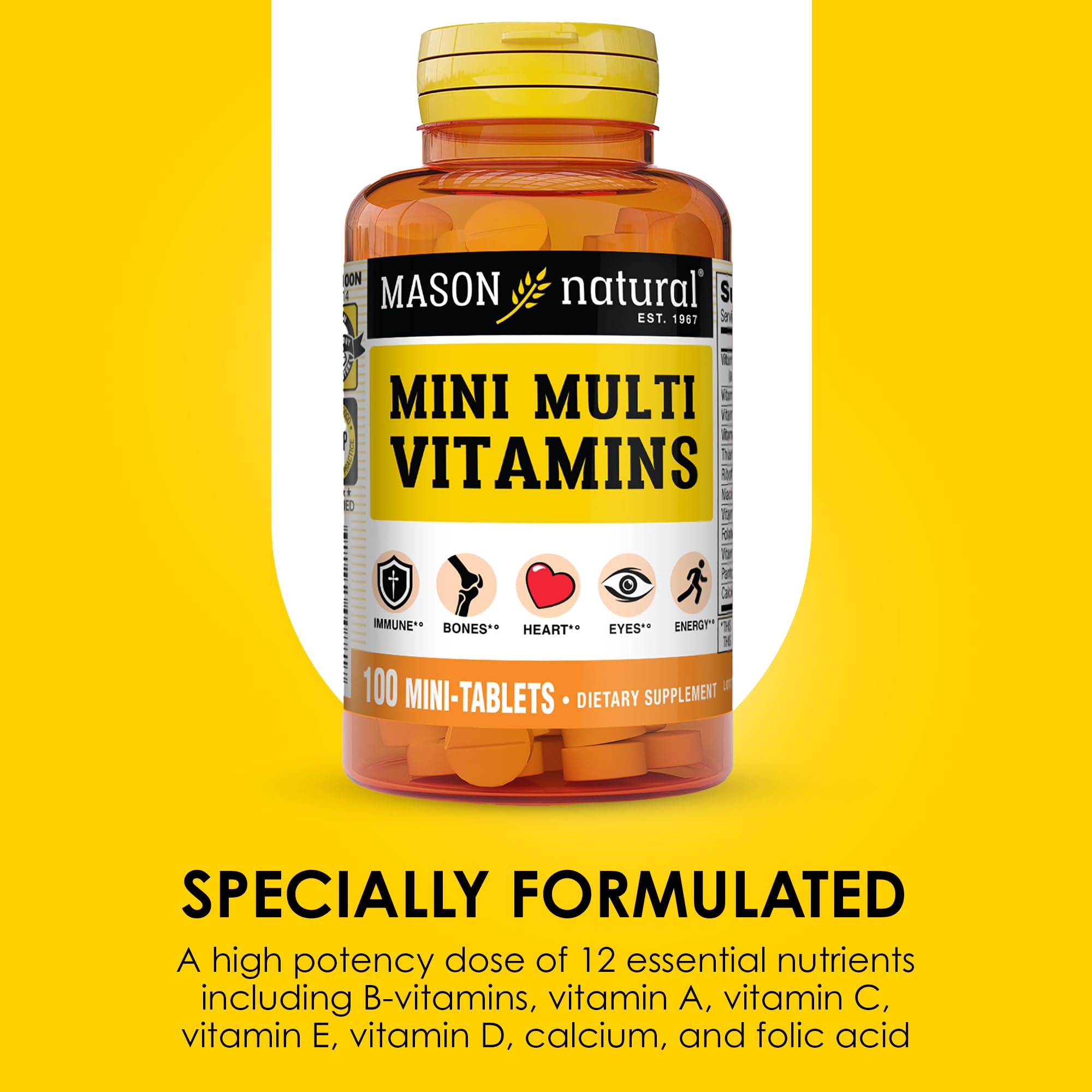 Mason Natural Mini Multi Vitaminas, etiqueta frontal, información clara sobre nutrientes clave.