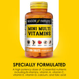 Mason Natural Mini Multi Vitaminas, etiqueta frontal, información clara sobre nutrientes clave.