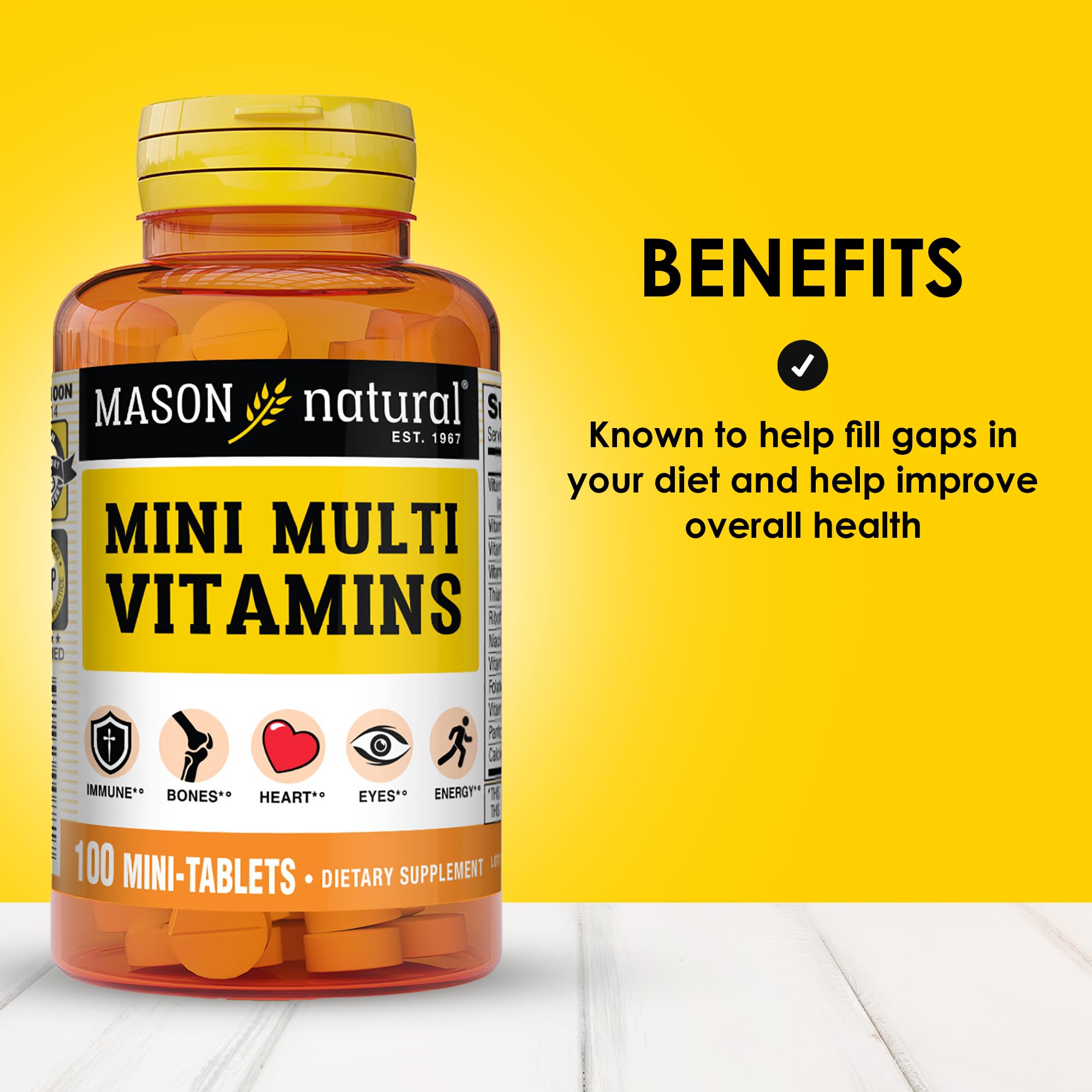 Mason Natural Mini Multi Vitaminas, tabletas visibles, dosis diaria fácil para adultos.