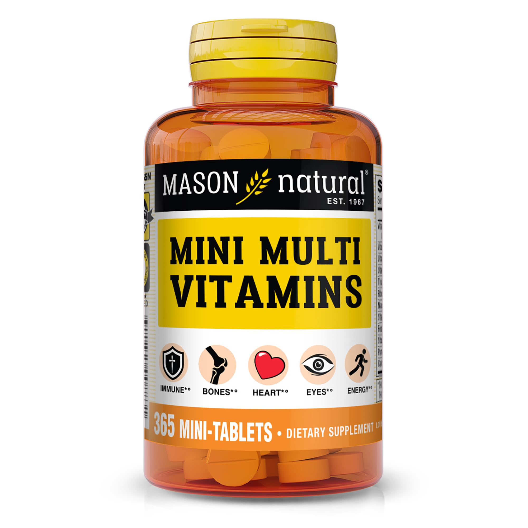 Mason Natural mini multivitaminas, tabletas, apoyo diario para la salud general y energía.