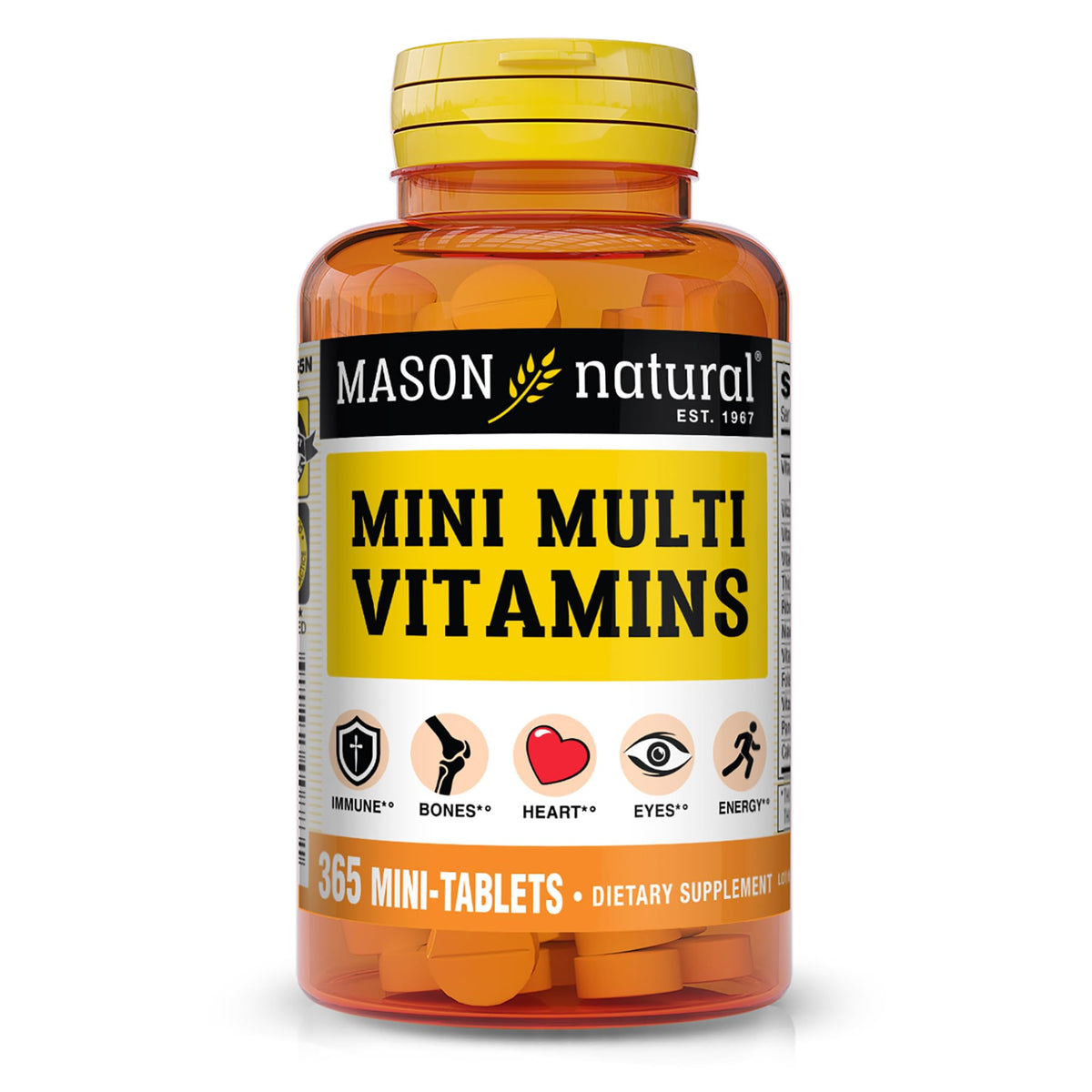Mason Natural mini multivitaminas, tabletas, apoyo diario para la salud general y energía.
