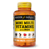 Mason Natural mini multivitaminas diarias en botella, opción conveniente para consumo diario.