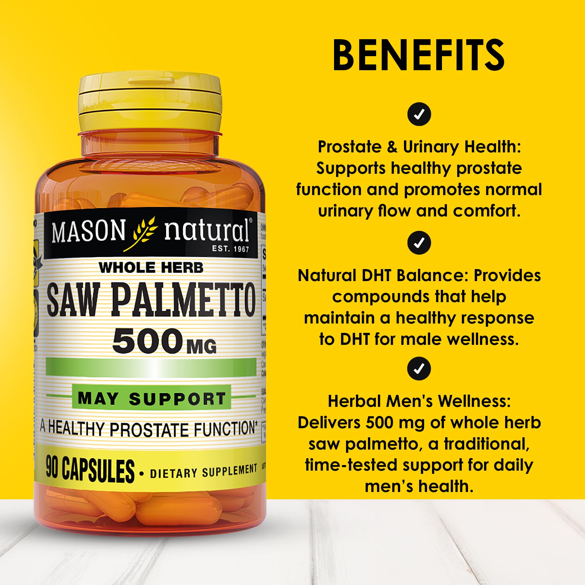 Botella Mason Natural Saw Palmetto 500 mg para uso diario