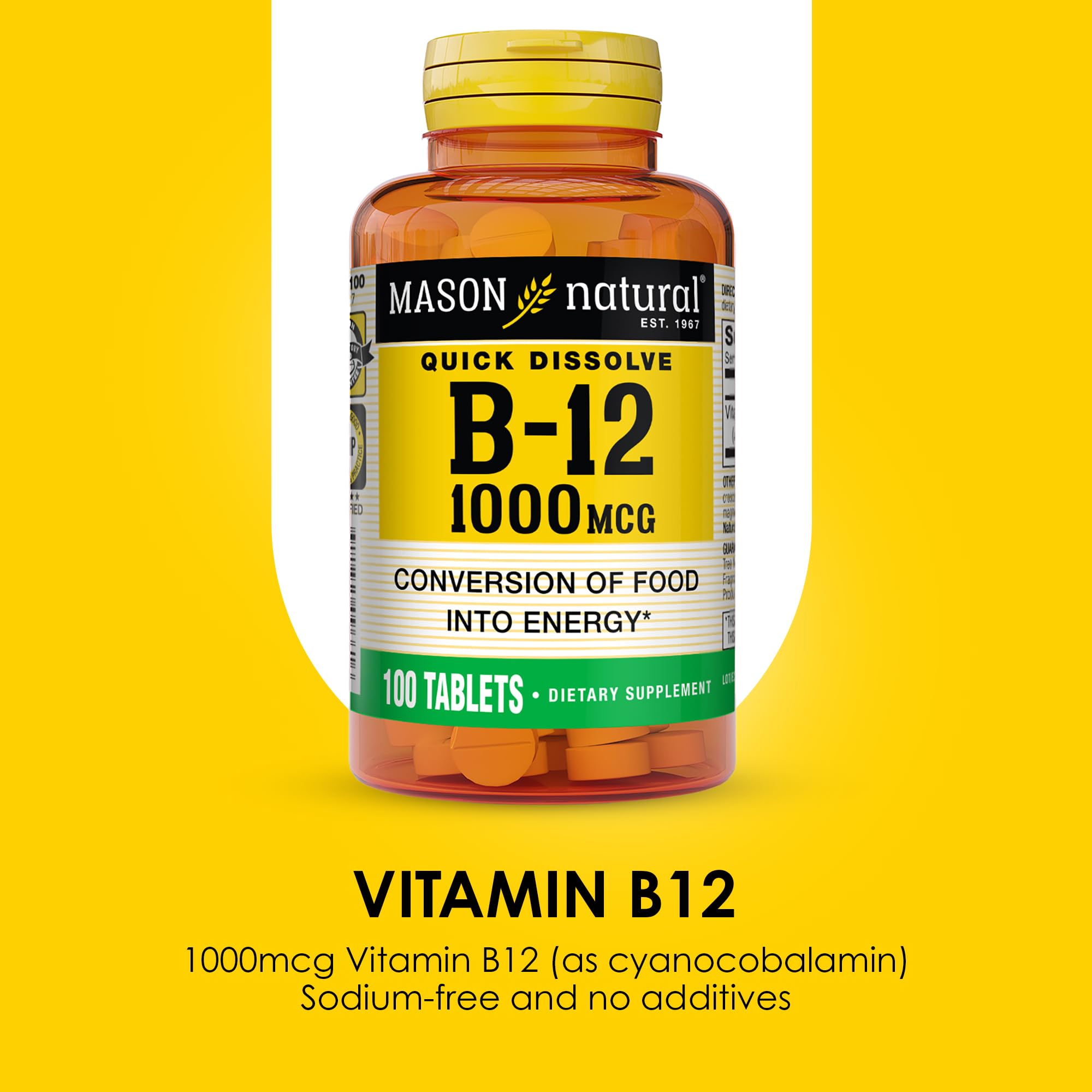 Mason Natural Vitamina B12 tabletas para apoyo diario de energía.