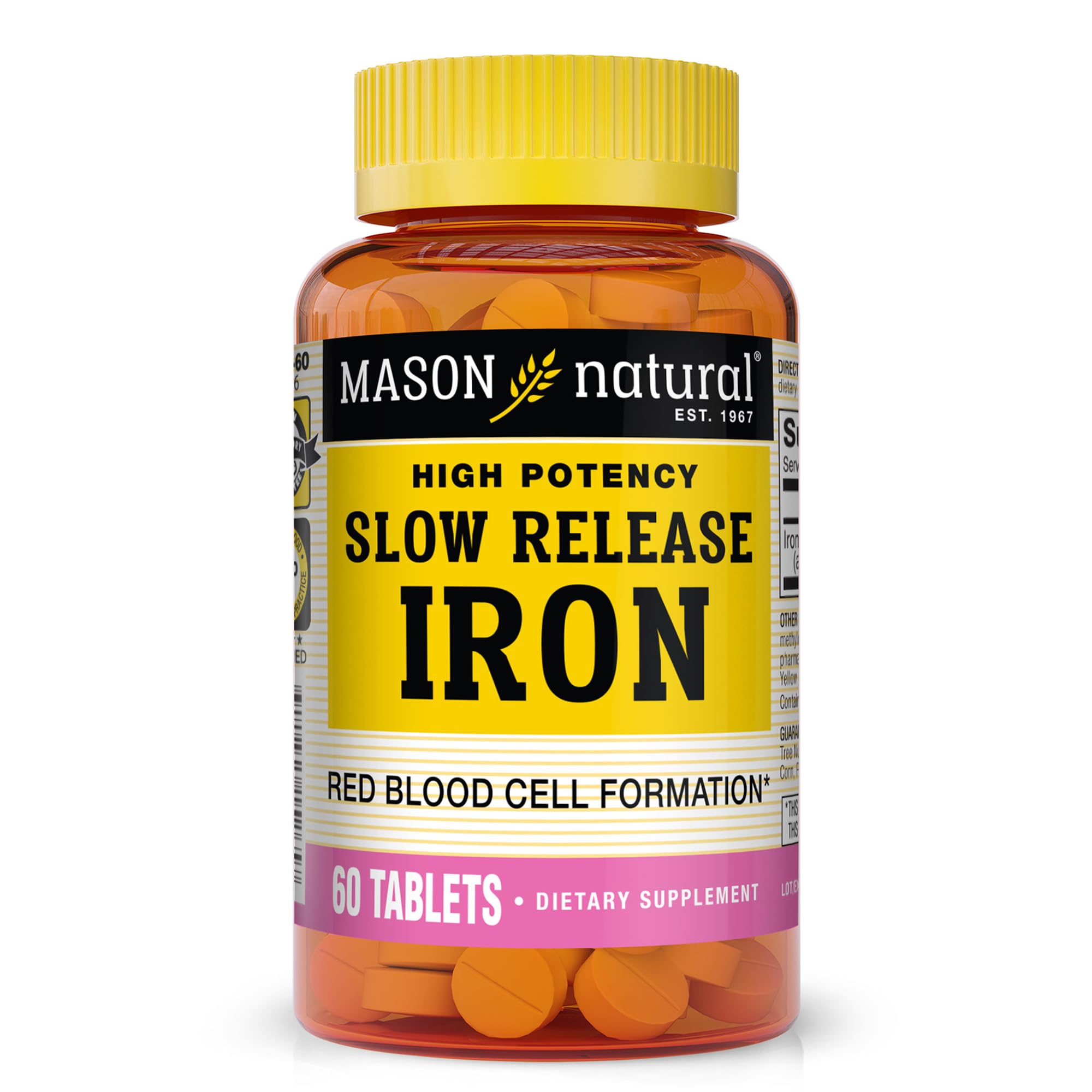 Tabletas Mason Natural Hierro 50 mg, liberación lenta, apoyo diario.