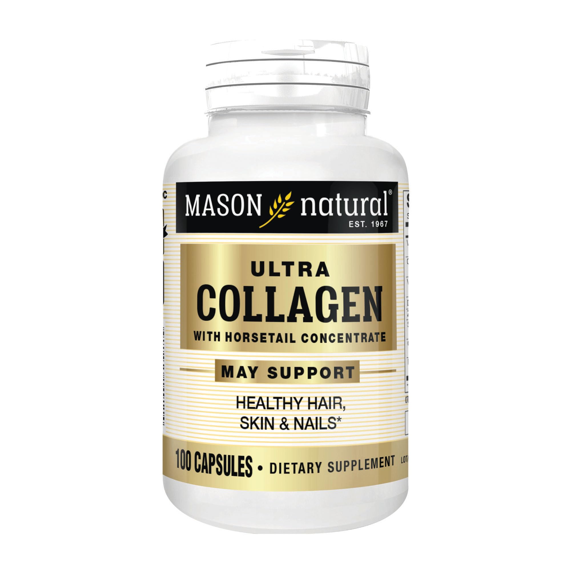 Mason Natural Ultra Colágeno frasco frente, soporte premium para piel y articulaciones