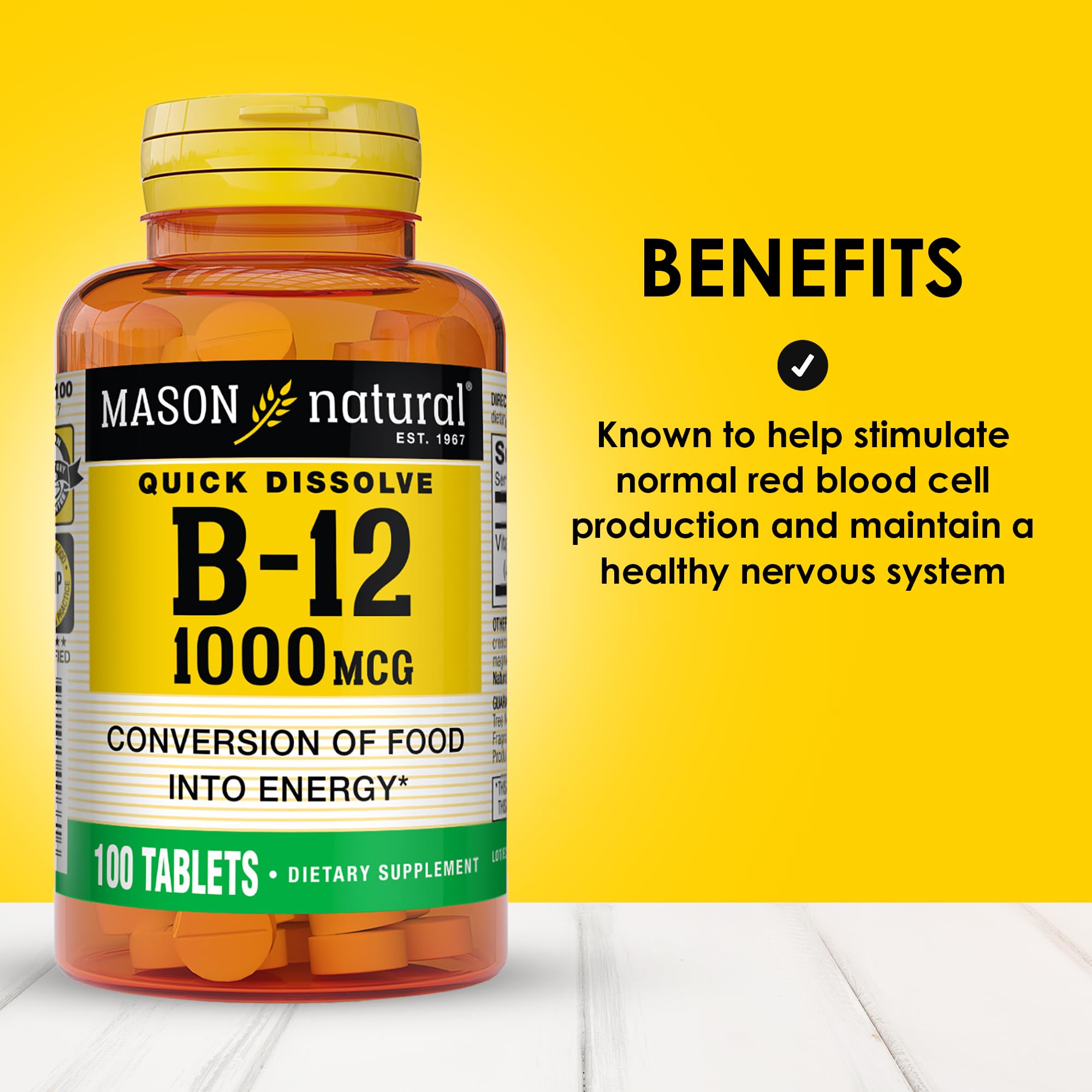 Mason Natural Vitamina B12 tableta disolución sublingual rápida para absorción.