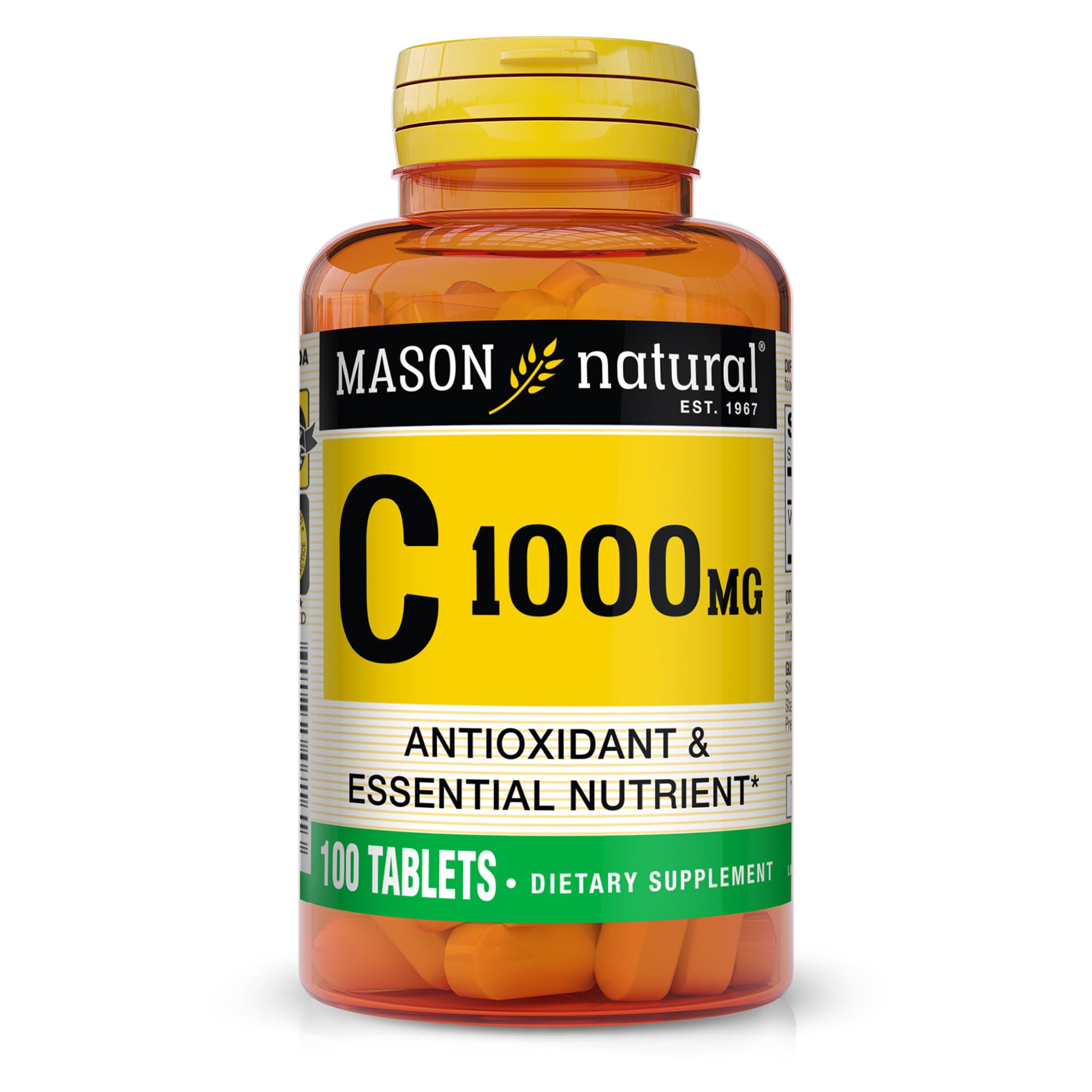 Mason Natural Vitamina C 1000 mg, botella en mesa, apoyo diario al sistema inmune.