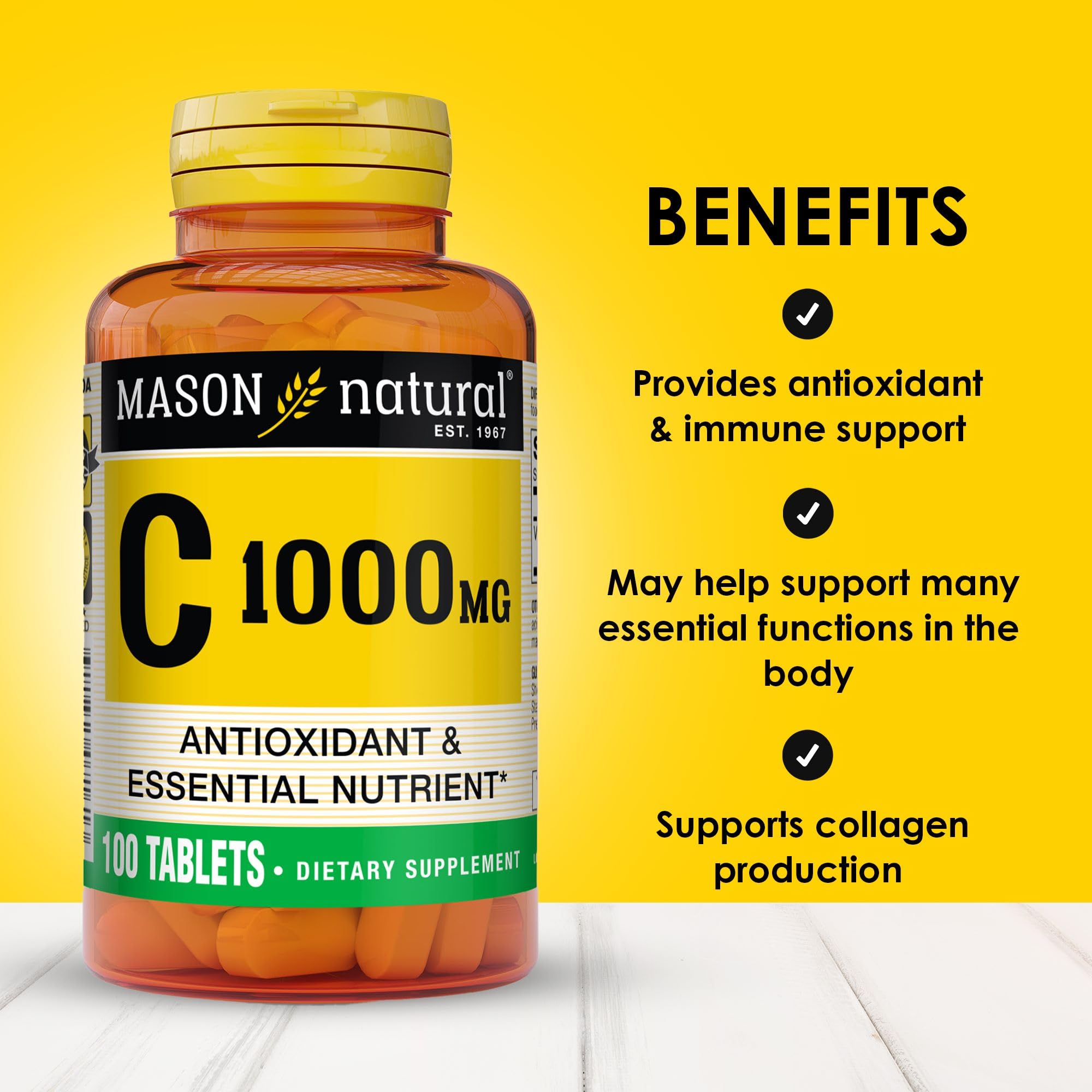 Mason Natural Vitamina C 1000 mg, etiqueta clara con uso diario.