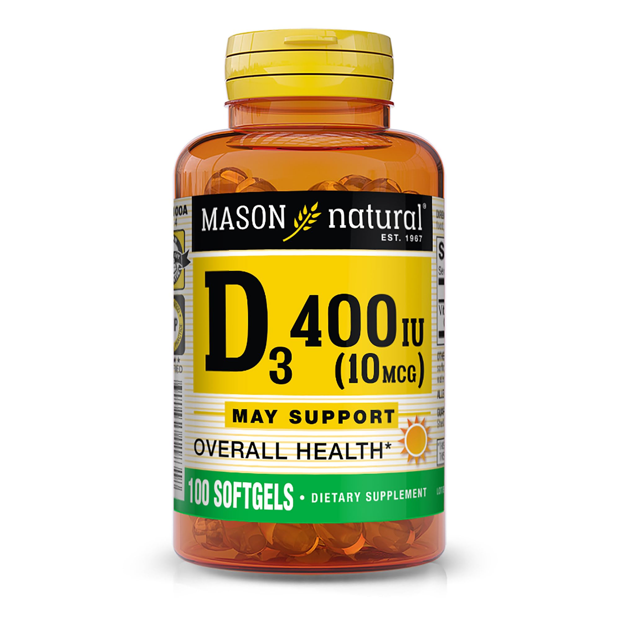 Mason Natural Vitamina D3, cápsulas blandas en botella, apoyo al bienestar general.