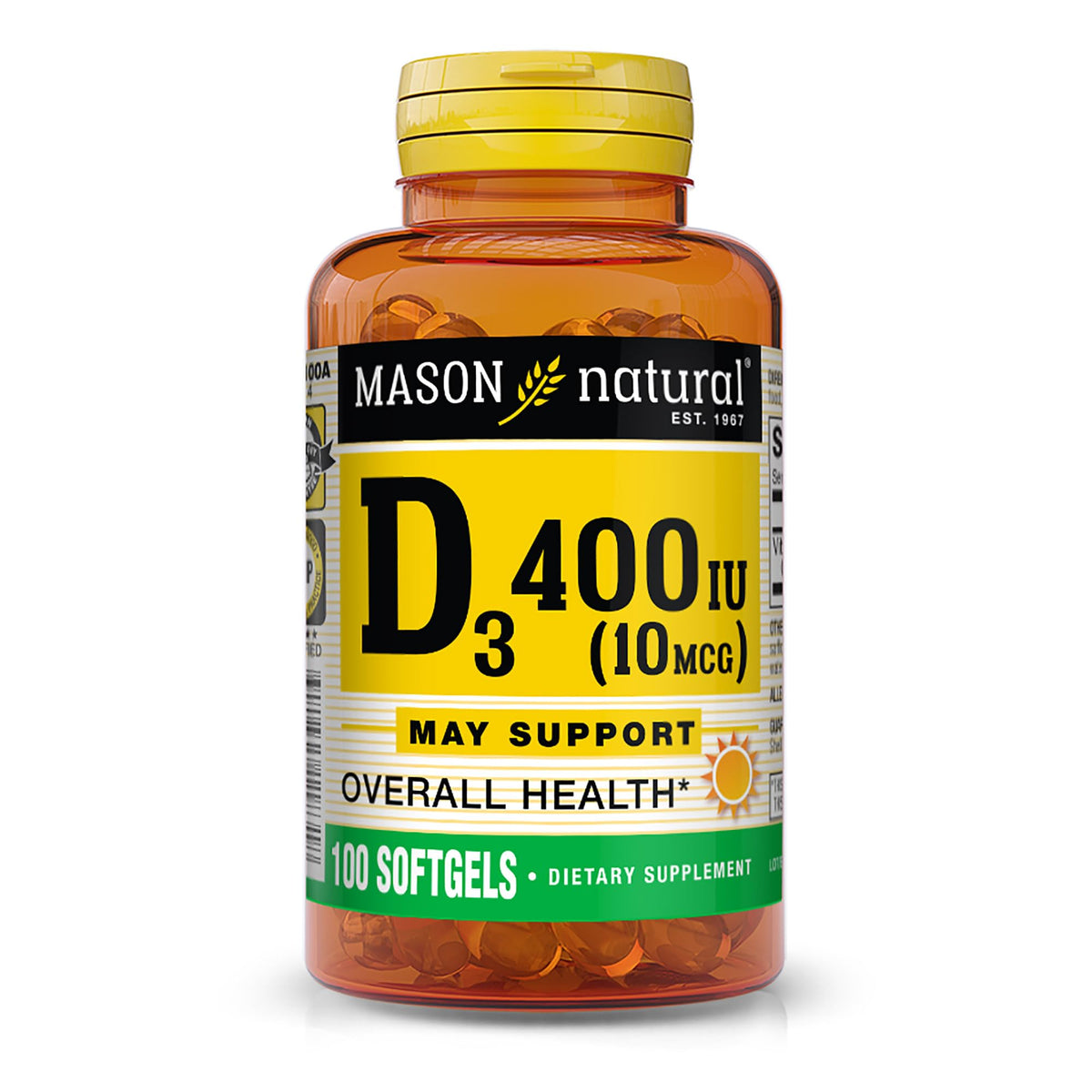 Mason Natural Vitamina D3, cápsulas blandas en botella, apoyo al bienestar general.