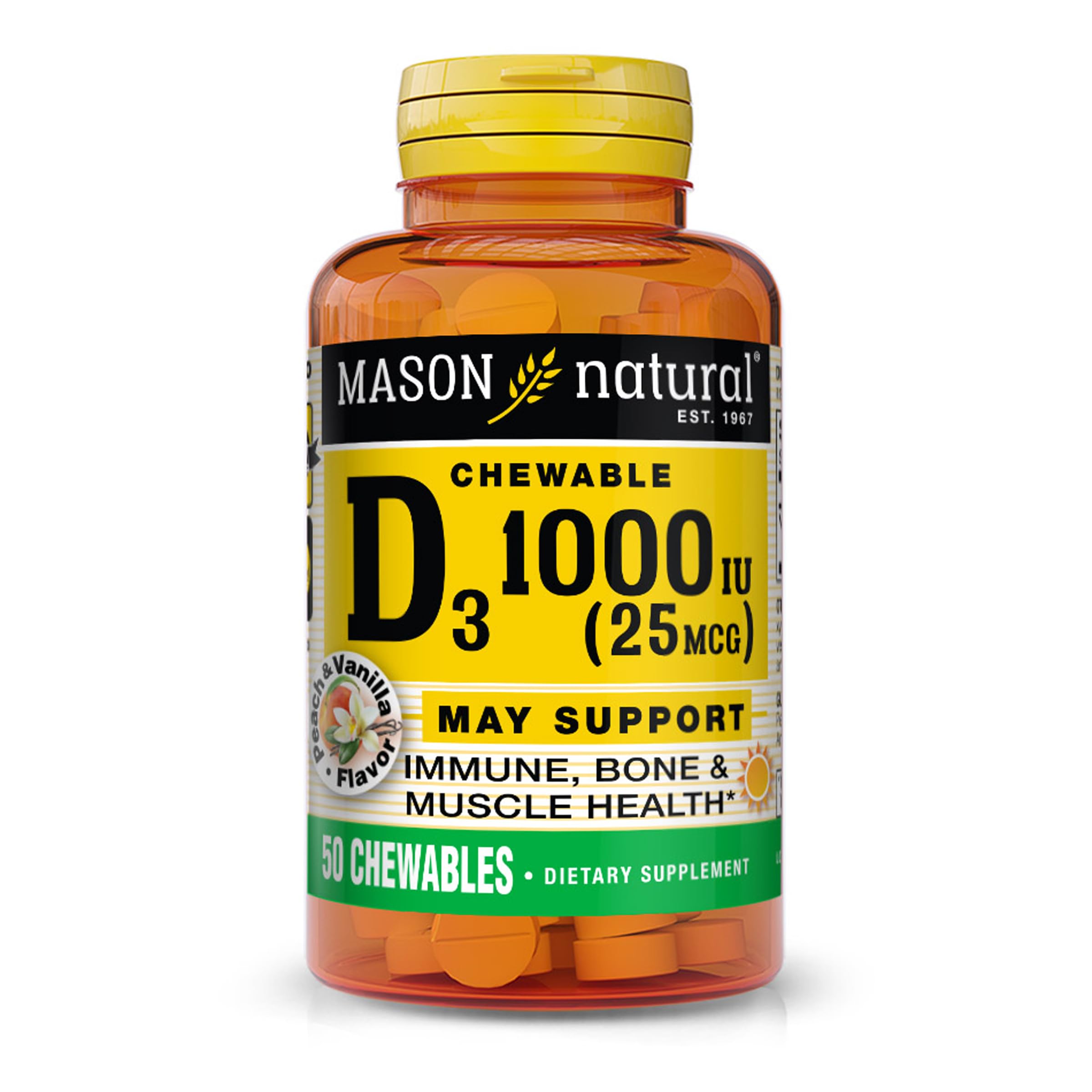 Mason Natural Vitamina D3 1000IU con sabor durazno vainilla, para adultos y niños.