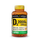 Mason Natural Vitamina D3 2000 UI, cápsulas blandas, apoya densidad ósea y vitalidad.
