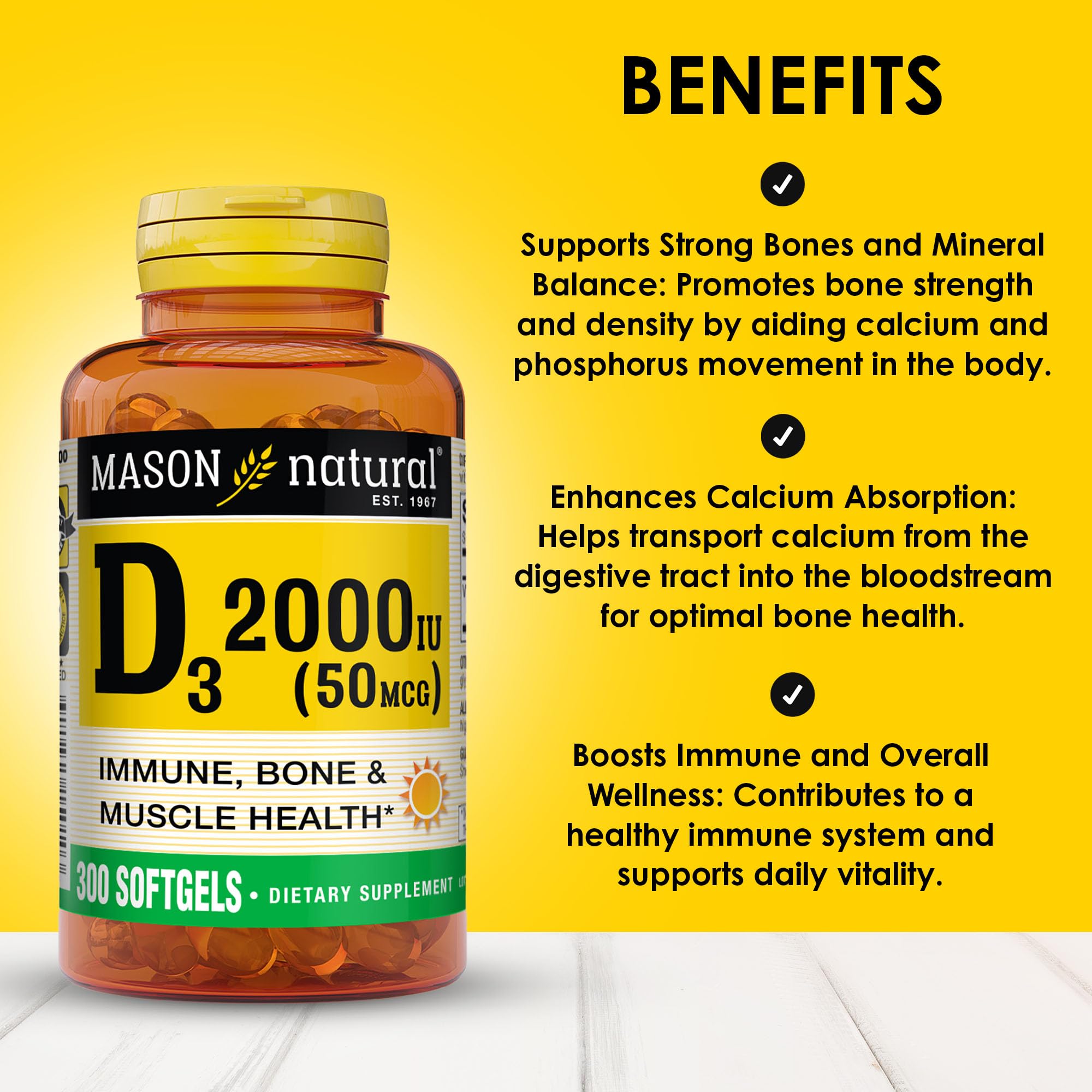 Mason Natural Vitamina D3 2000 UI, bote de cápsulas blandas facilita la ingesta diaria.