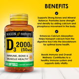 Mason Natural Vitamina D3 2000 UI, bote de cápsulas blandas facilita la ingesta diaria.