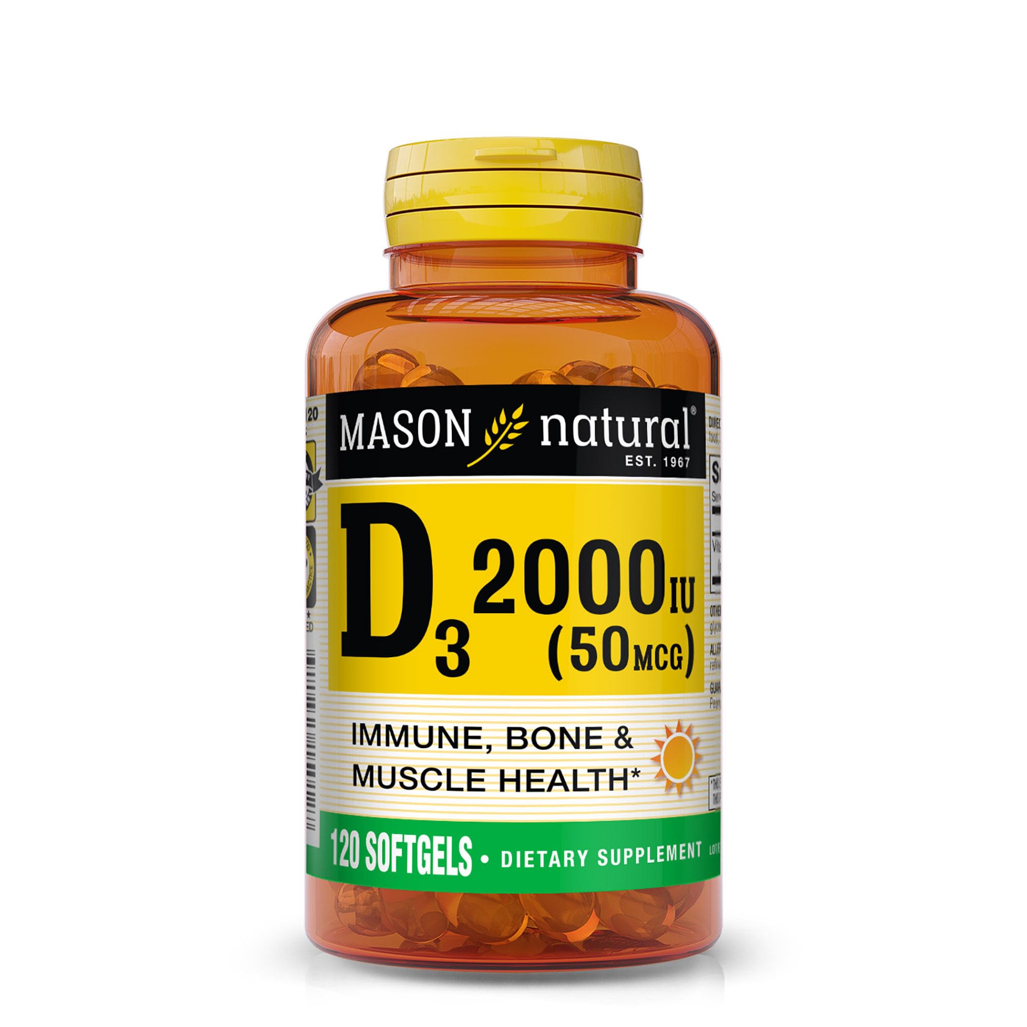 Mason Natural Vitamina D3 2000 UI en botella con cápsulas blandas para densidad ósea