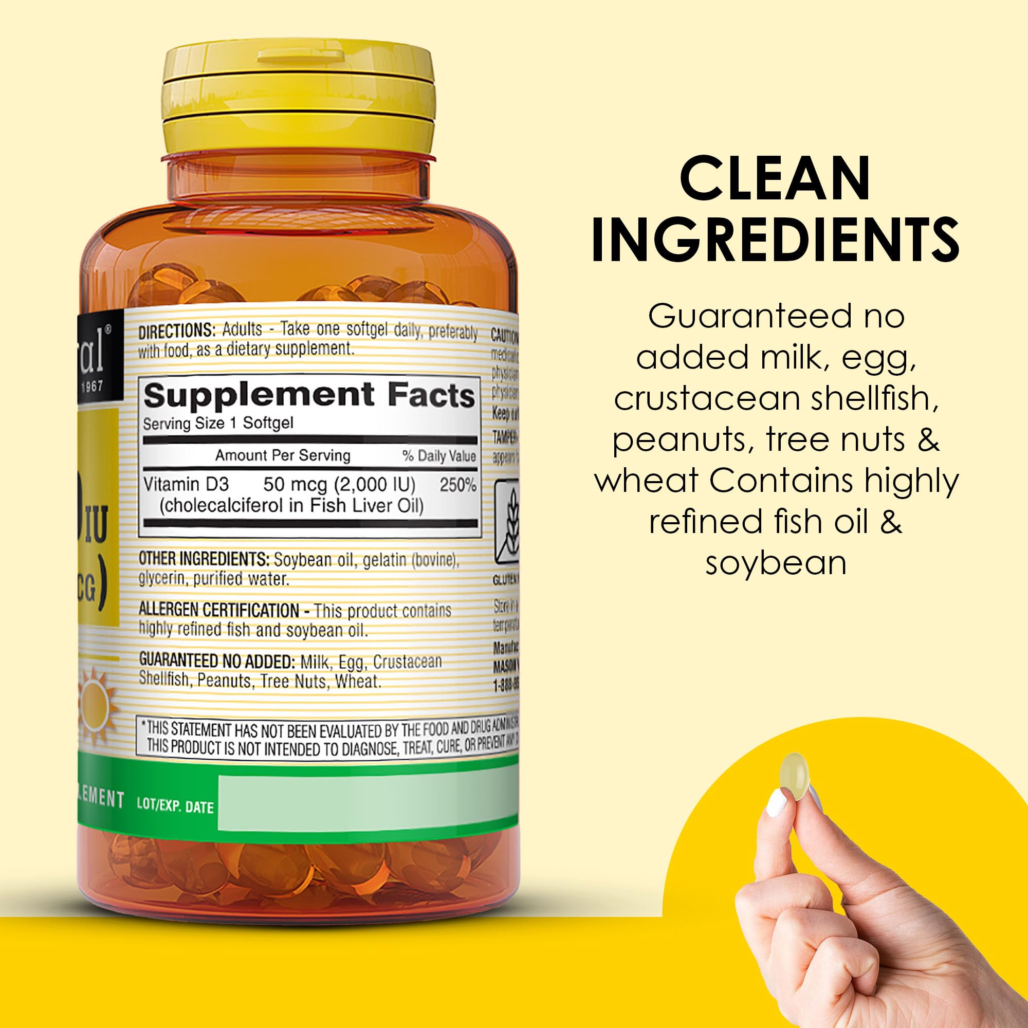 Mason Natural Vitamina D3, uso diario, apoyo a funciones corporales de manera equilibrada.