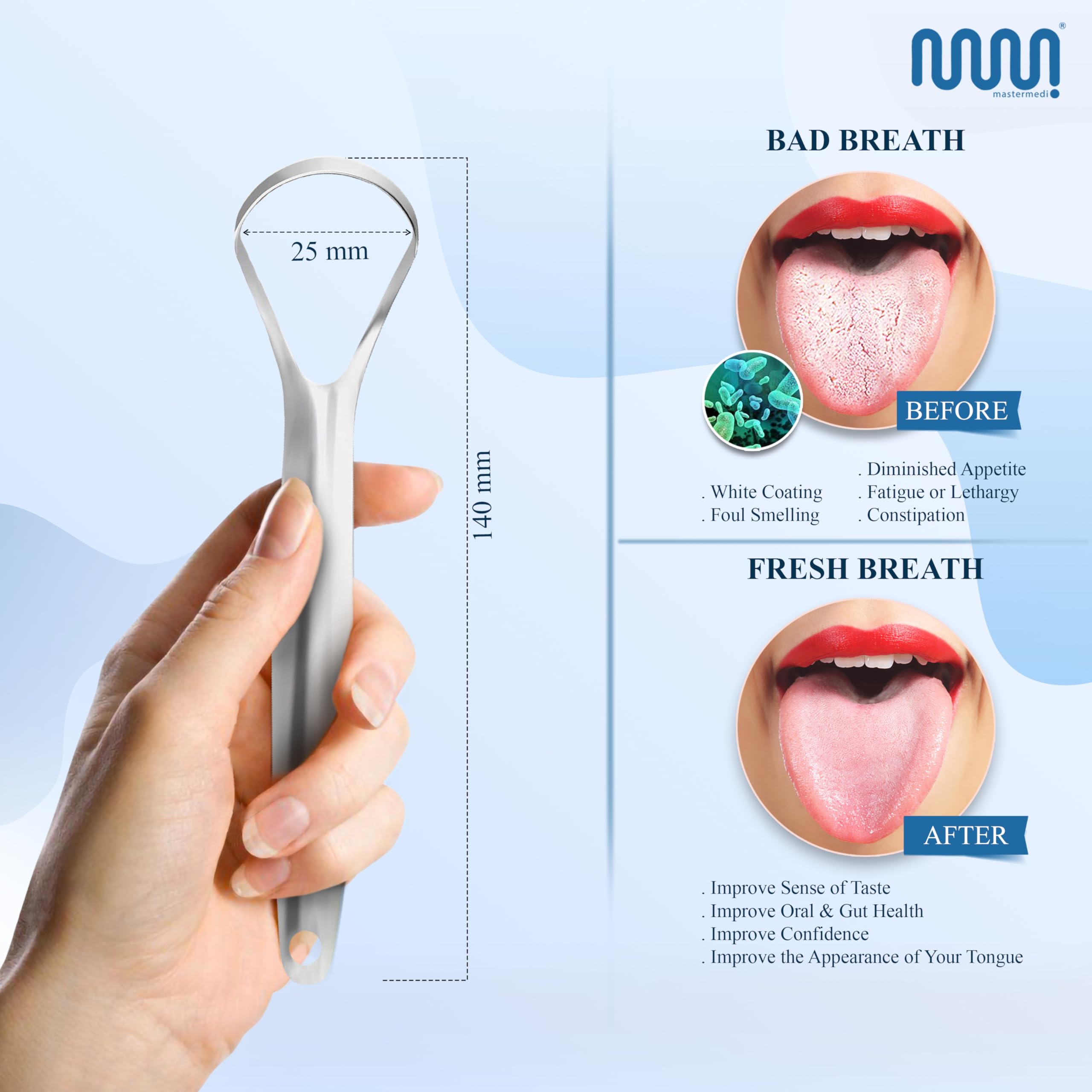 Raspador de lengua con diseño ergonómico para uso cómodo diario.