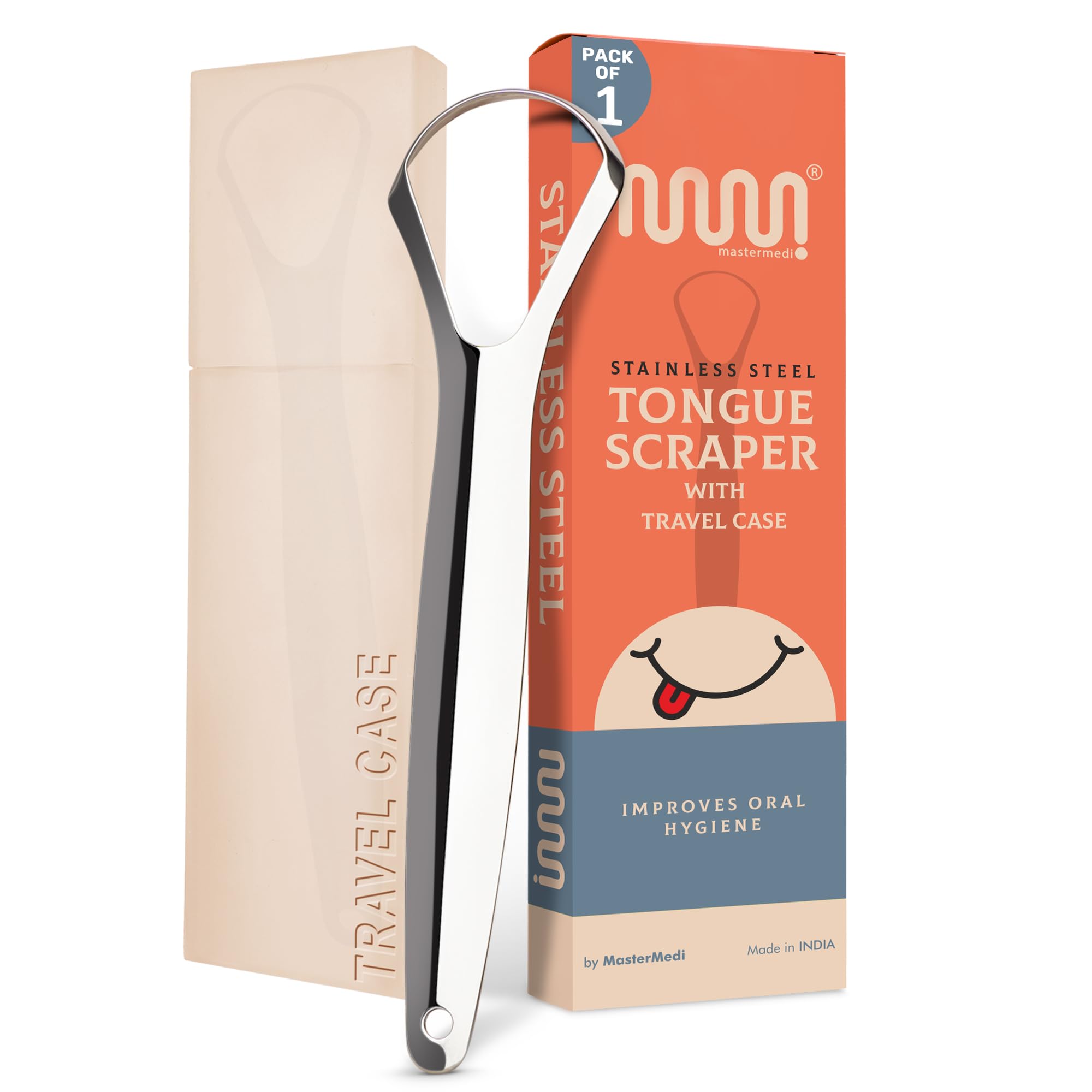 MasterMedi limpiador de lengua, acero inoxidable con estuche, mejora la higiene bucal diaria.