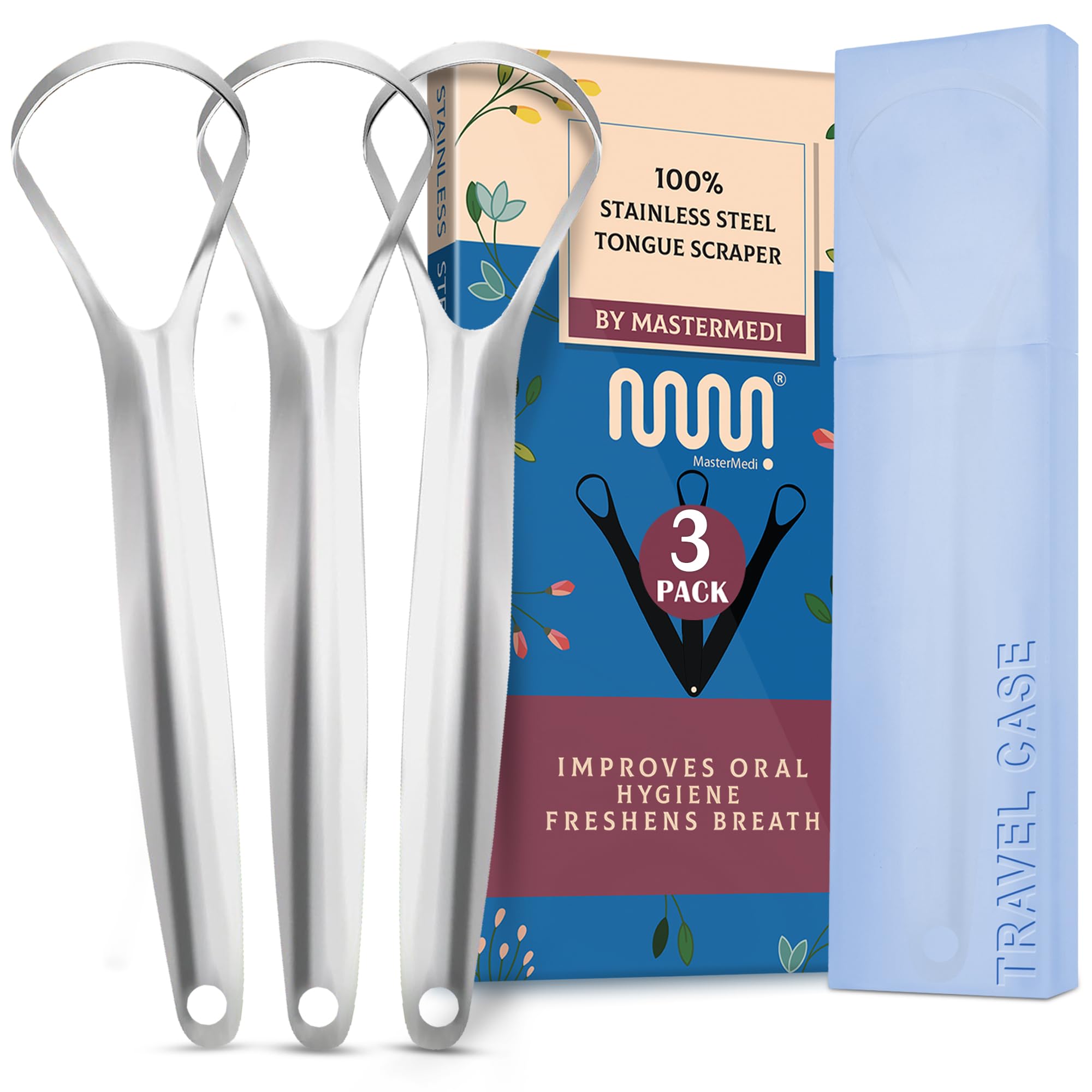 MasterMedi raspador de lengua en acero inoxidable para limpieza profunda y aliento fresco.