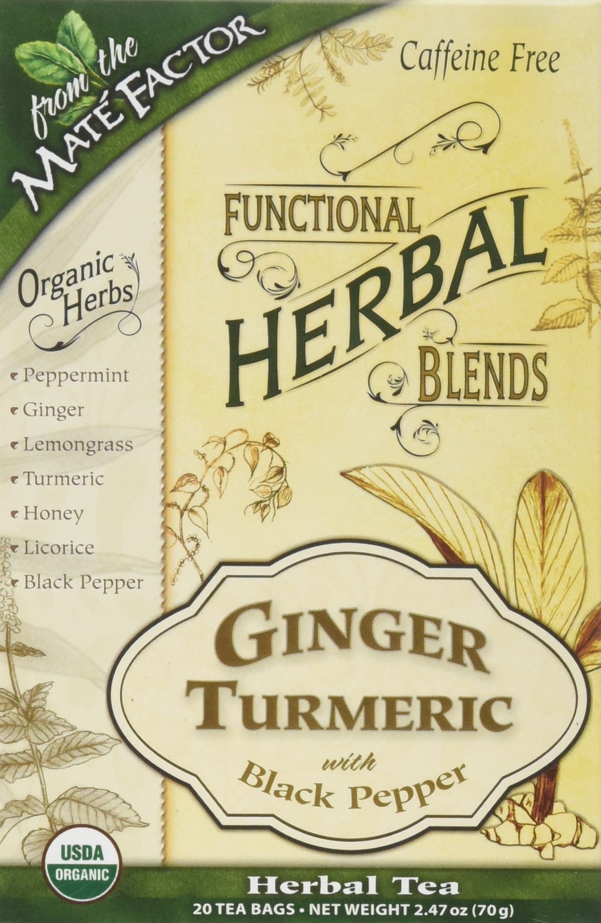 Mate Factor bolsas de té con jengibre y cúrcuma para una bebida aromática y reconfortante.