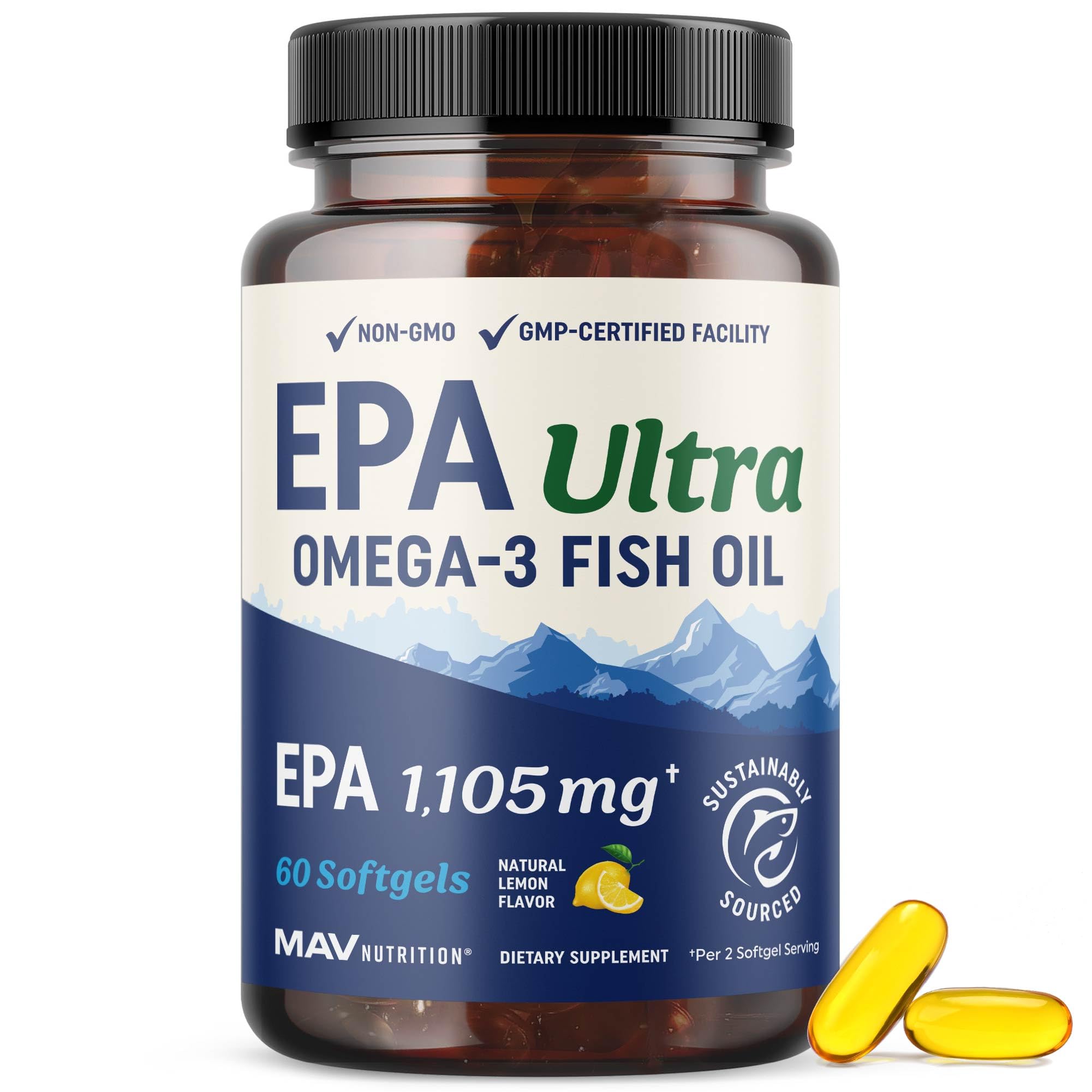 MAV NUTRITION EPA Ultra, botella visible, enfoque en EPA de alta concentración