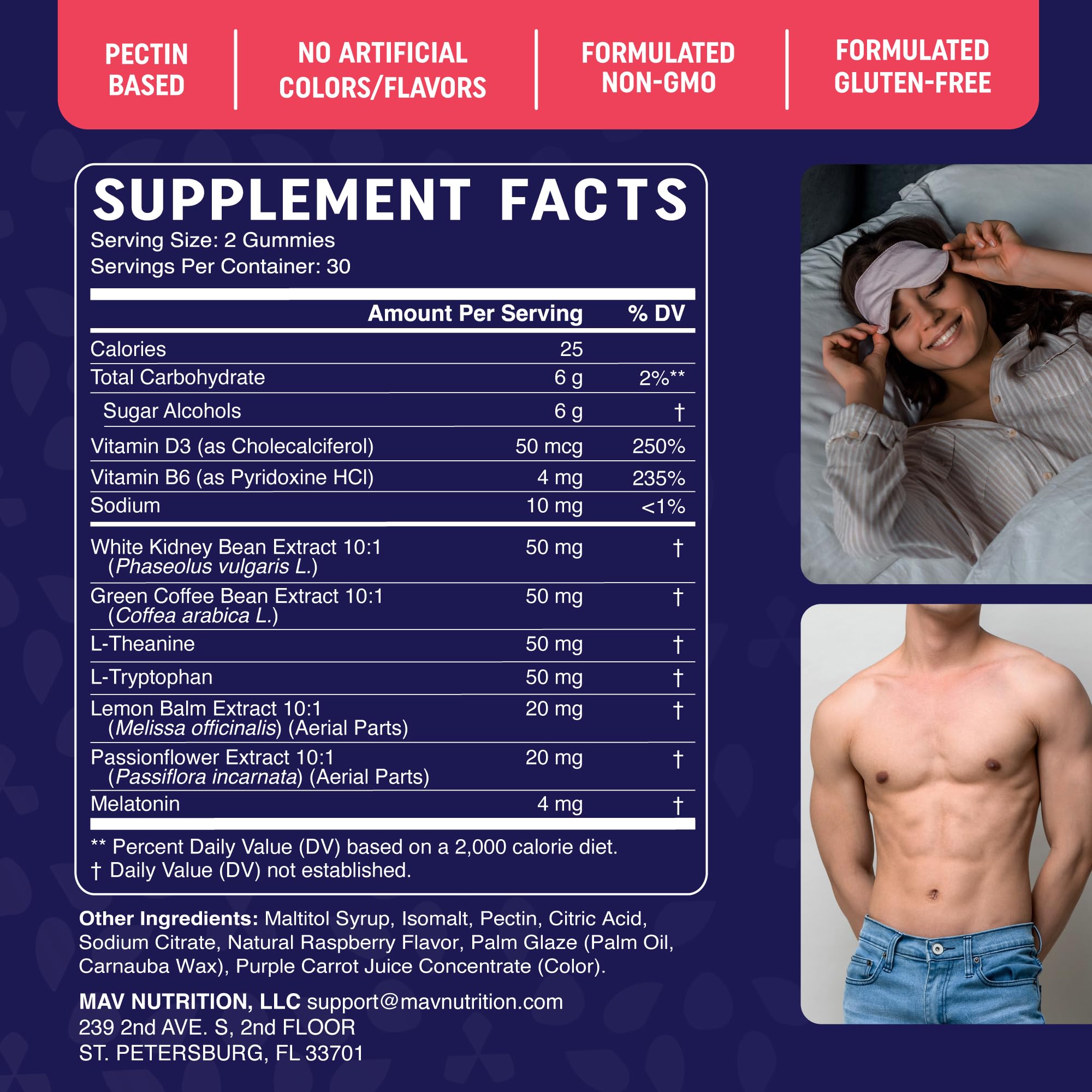 Caja frontal de MAV NUTRITION muestra gominolas y beneficios en texto.