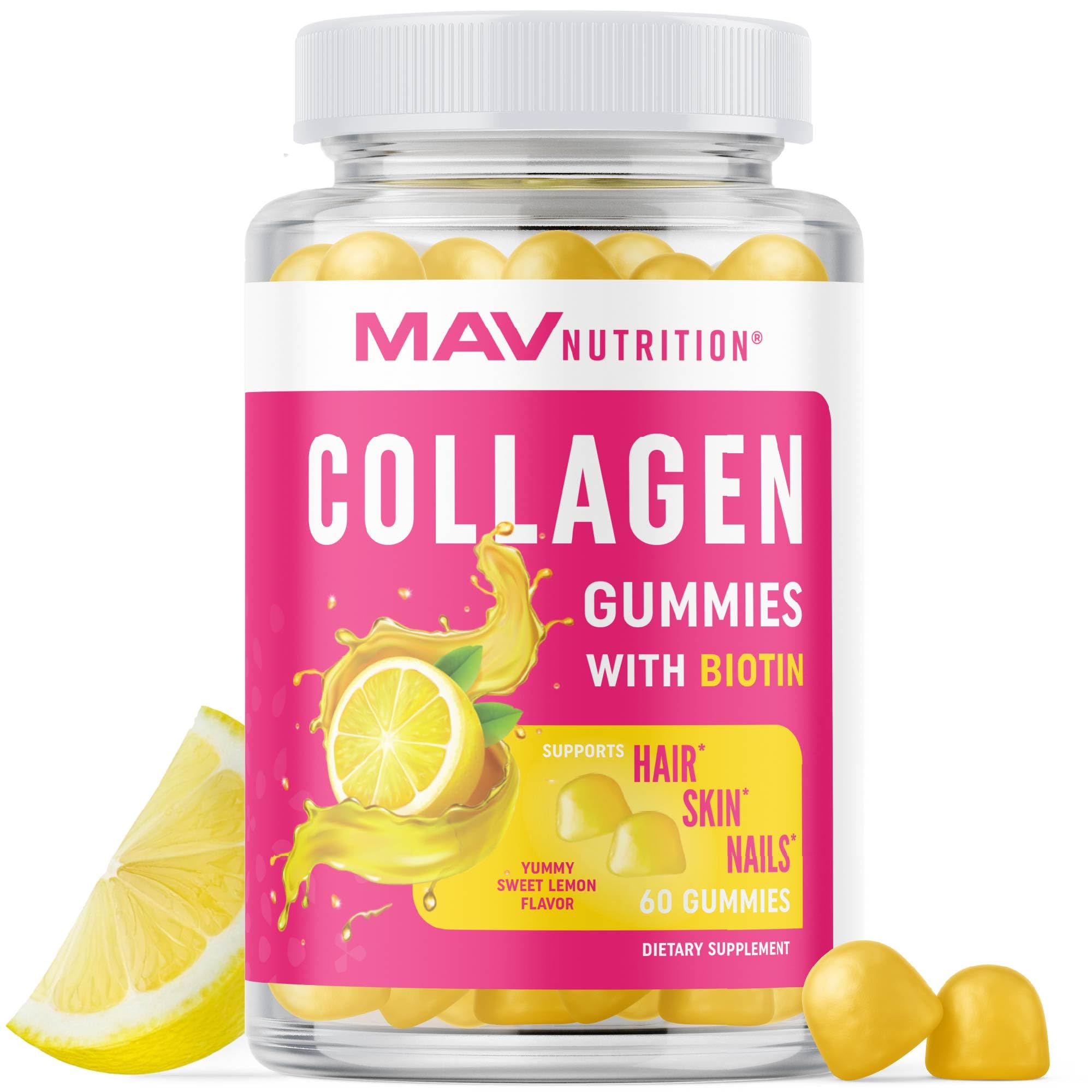 Gomitas MAV Nutrition envase de 60 gomitas para cabello y piel.