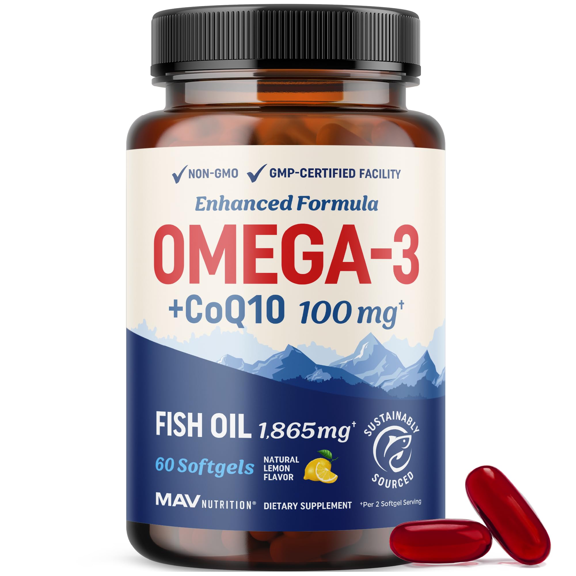 MAV Nutrition Omega3 CoQ10 en botella, apoyo potencial para la salud cardíaca.