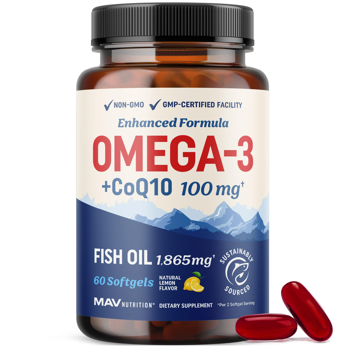 MAV Nutrition Omega3 CoQ10 en botella, apoyo potencial para la salud cardíaca.