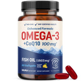 MAV Nutrition Omega3 CoQ10 en botella, apoyo potencial para la salud cardíaca.