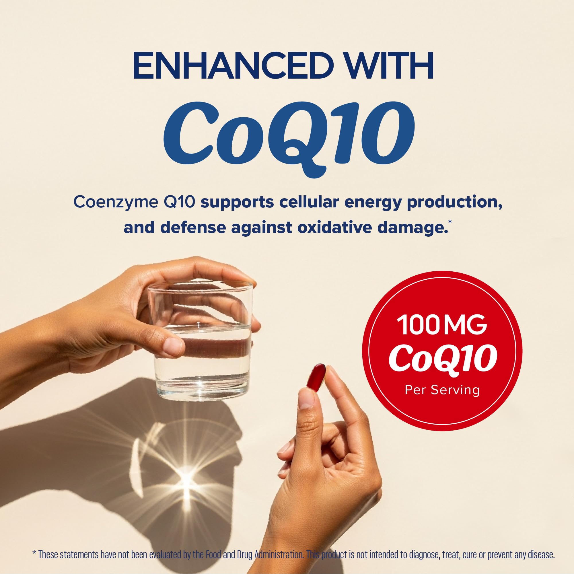 Etiqueta de MAV Nutrition Omega3 CoQ10, fuente sostenible visible.