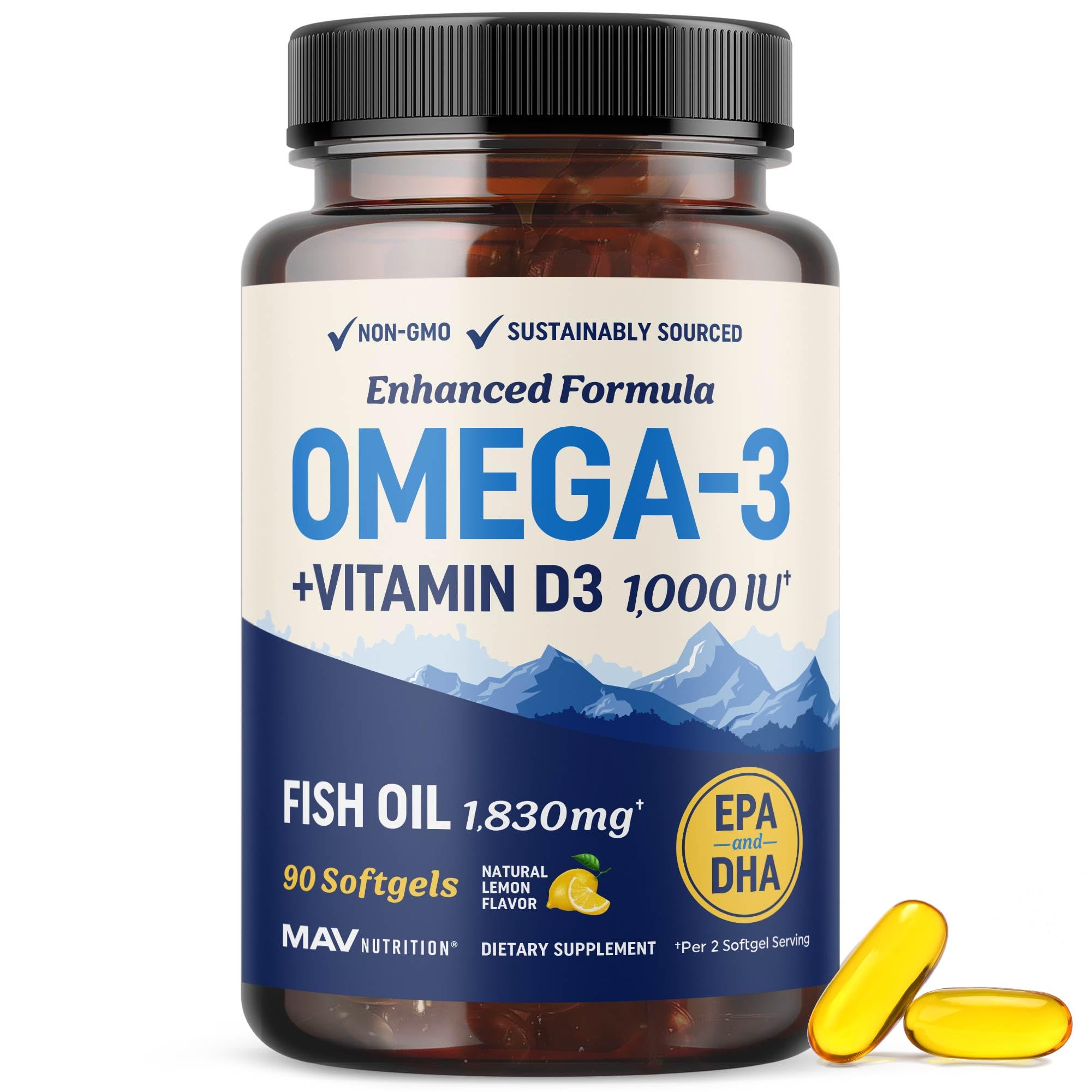 Botella de MAV Nutrition Omega-3 D3 para uso diario