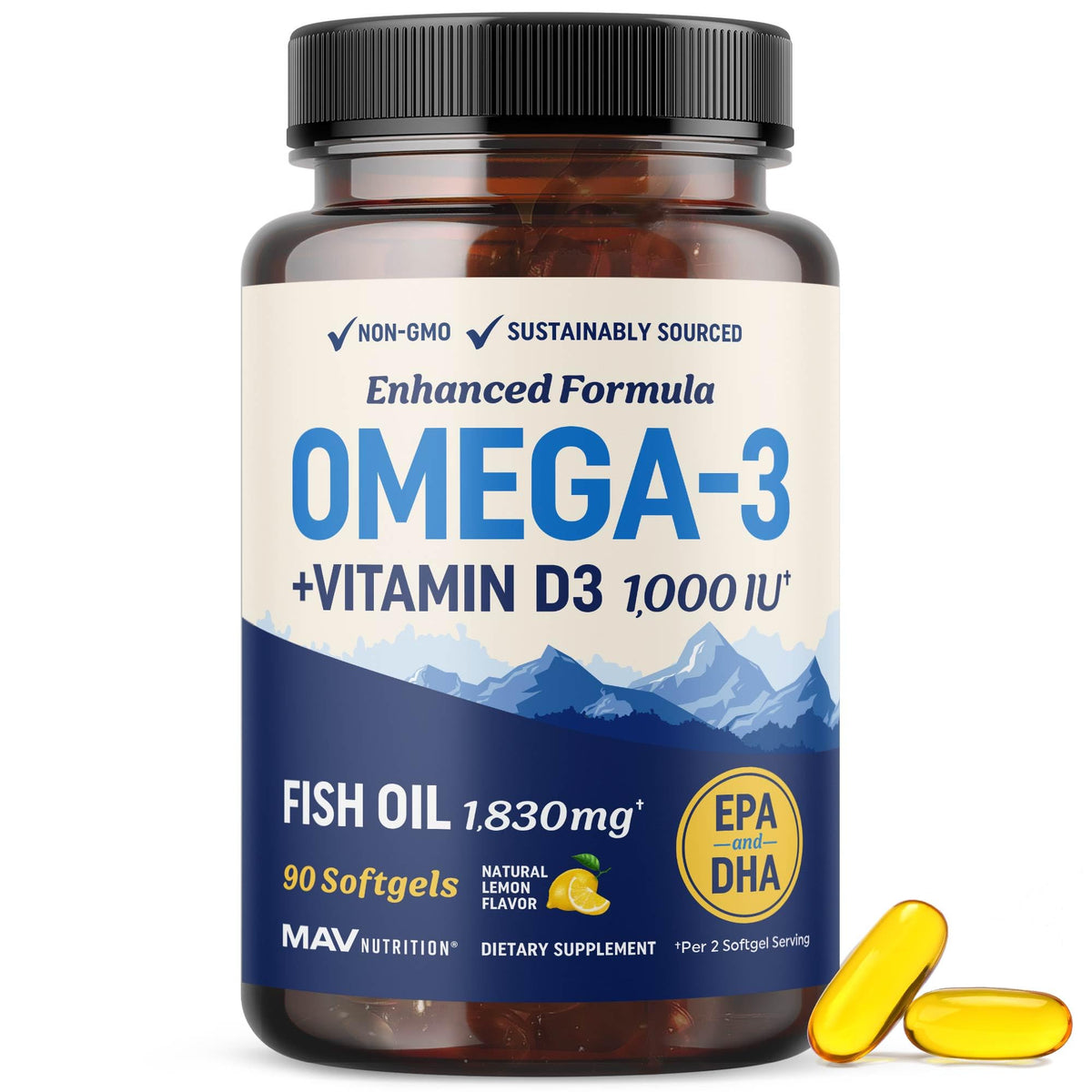 Botella de MAV Nutrition Omega-3 D3 para uso diario
