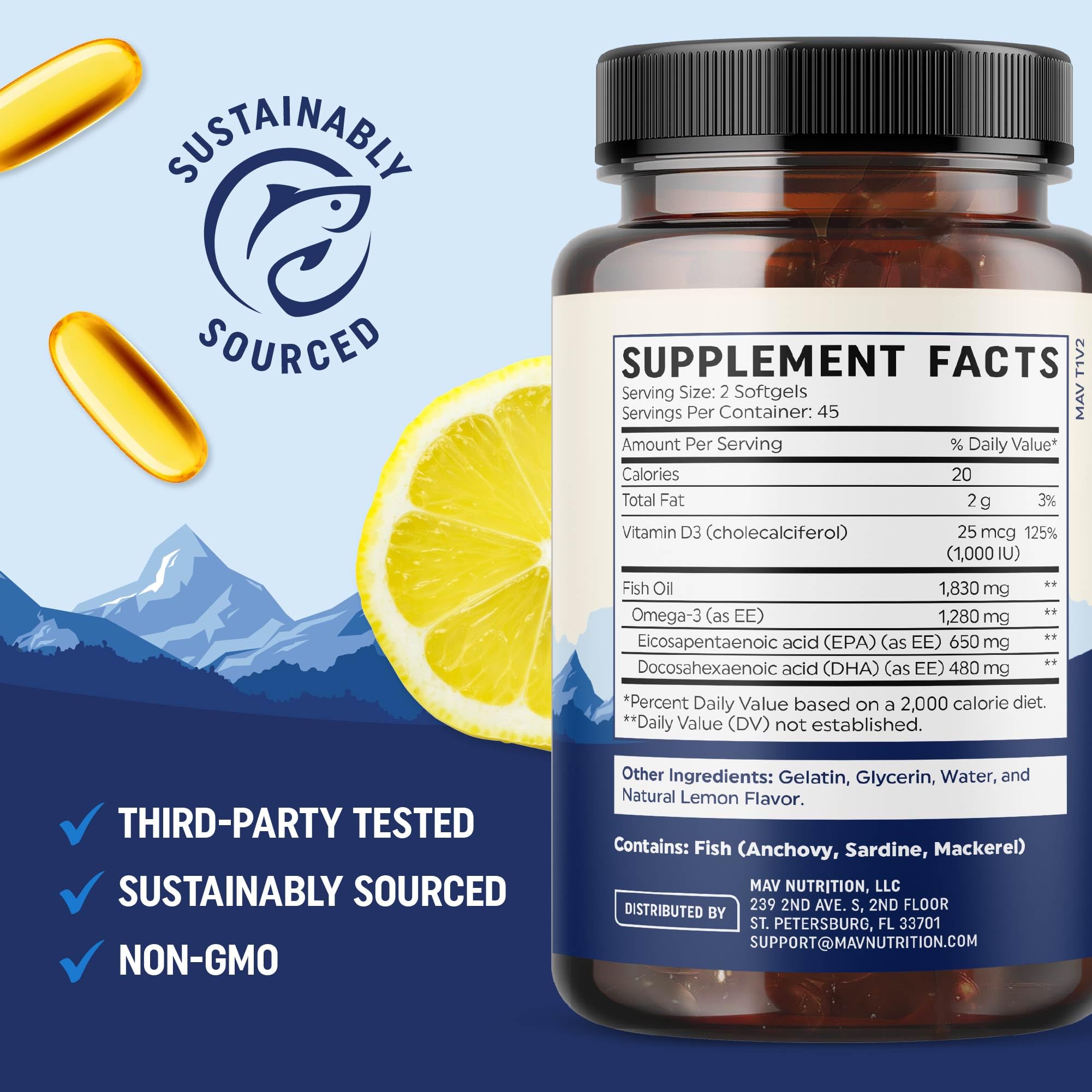 Envase sostenible de MAV Nutrition Omega-3 D3