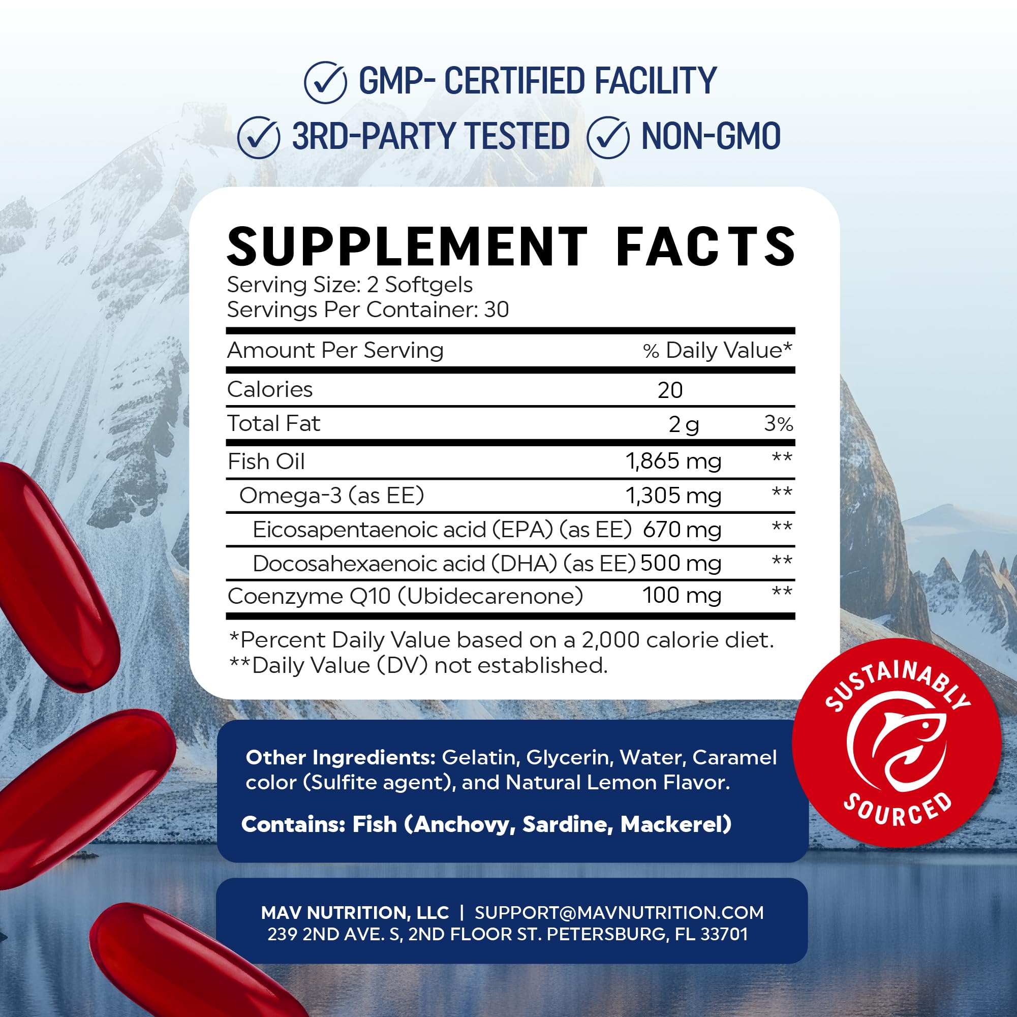 Presentación sostenible certificada de MAV Nutrition Omega3.