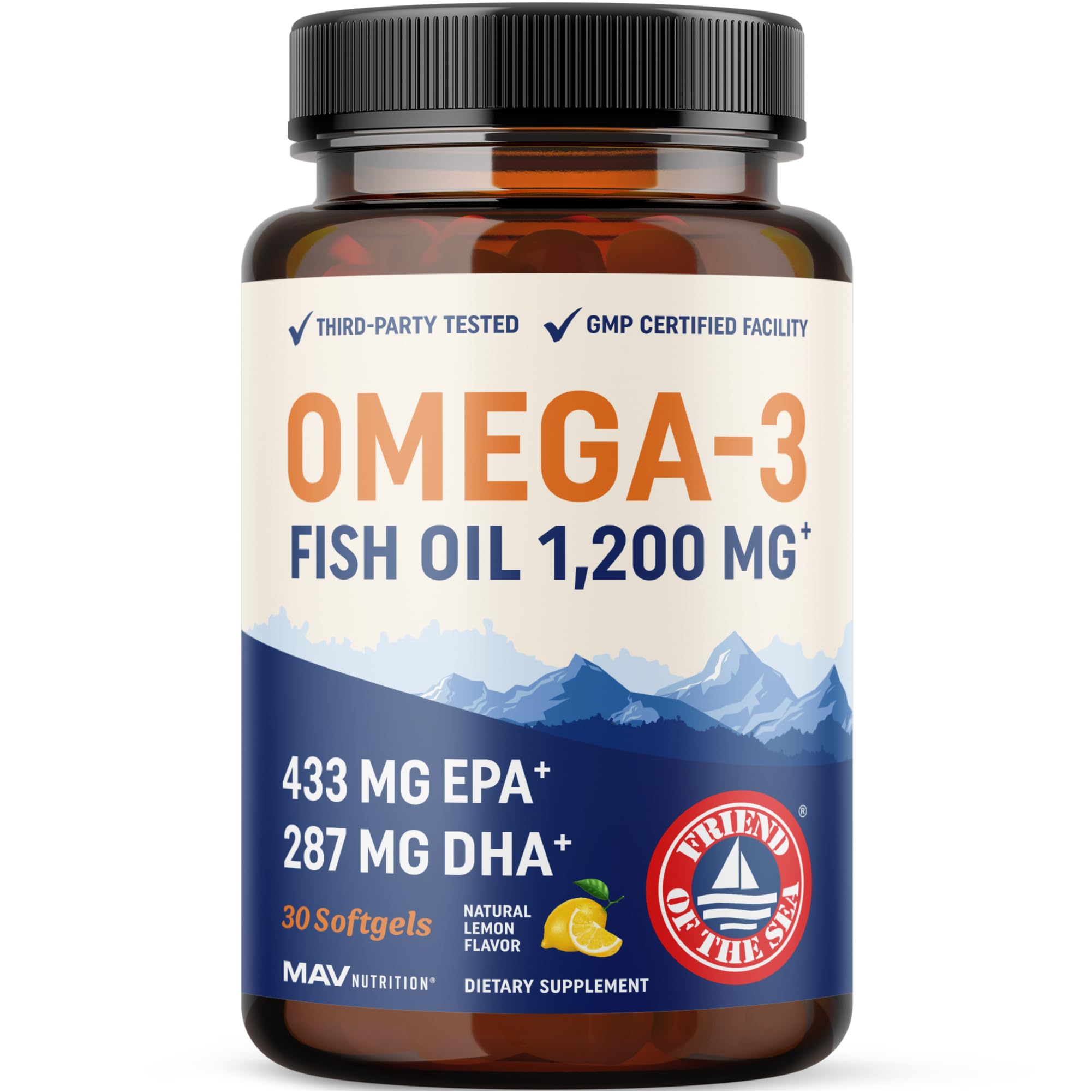 MAV NUTRITION Omega3 triple strength, botella con cápsulas, apoyo al cerebro y visión diaria.