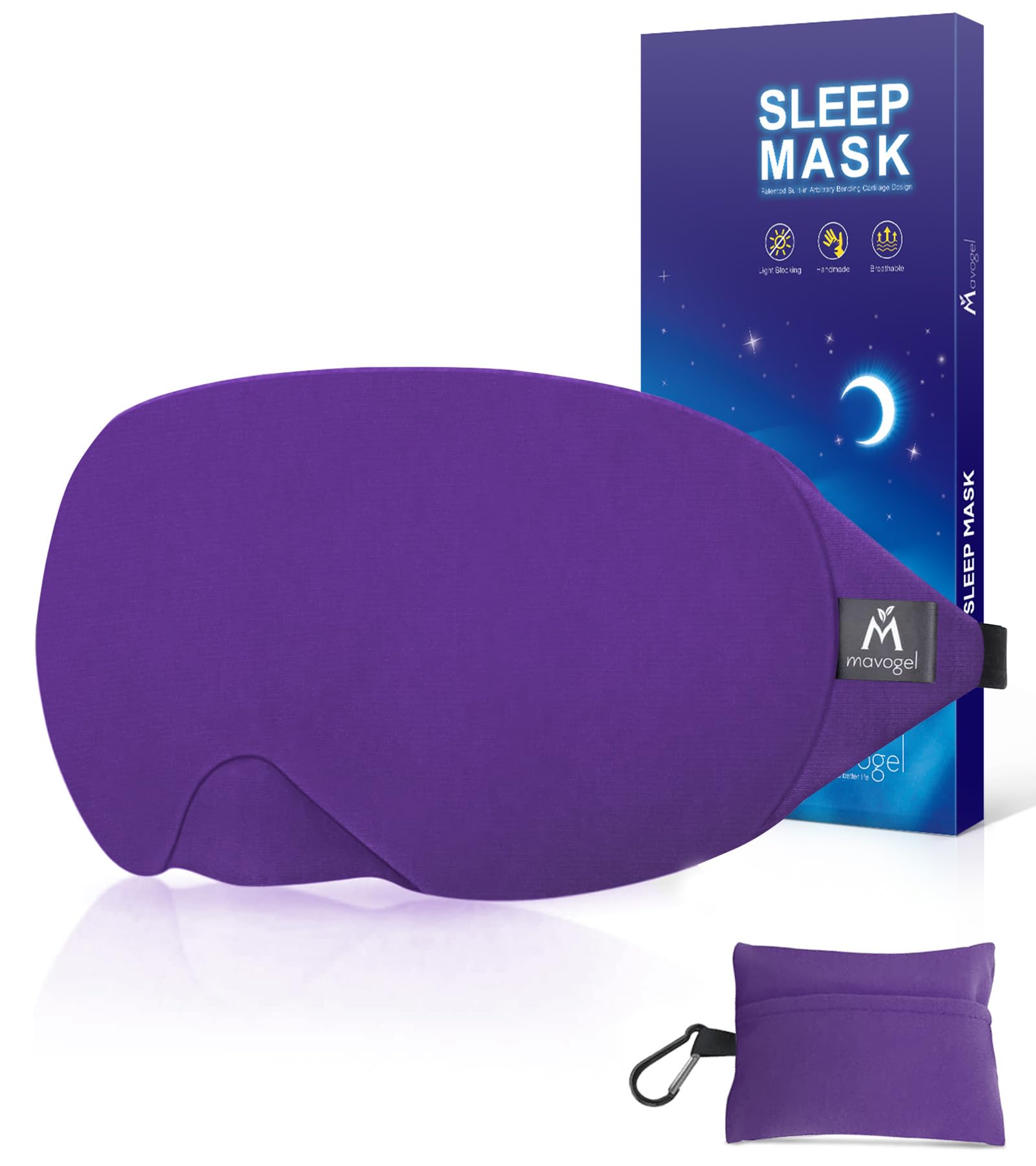 Mavogel mascara de ojos morada, vista frontal para dormir cómodo y sin luces.