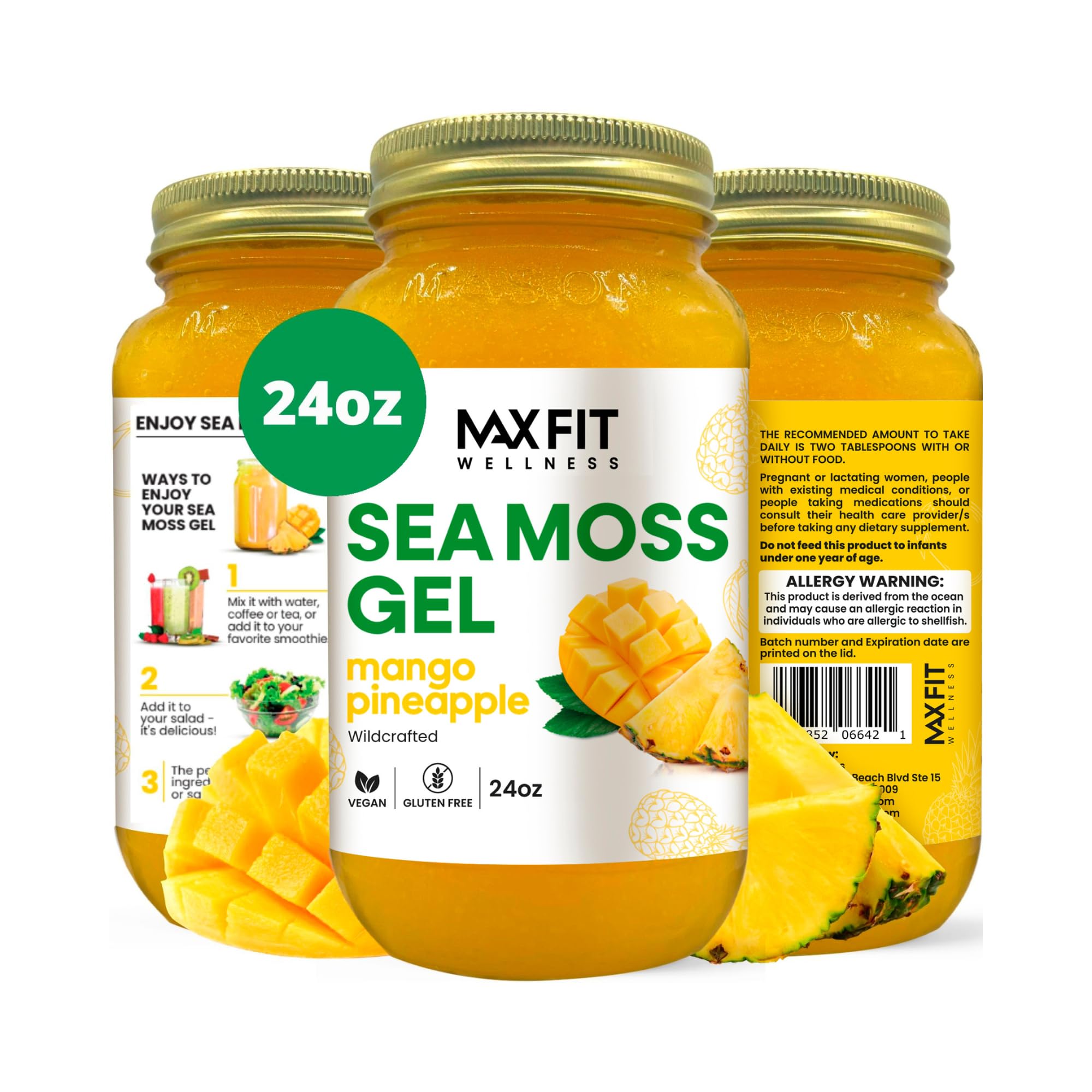 MAX FIT gel de alga marina dorado en 24oz, ideal para uso diario.